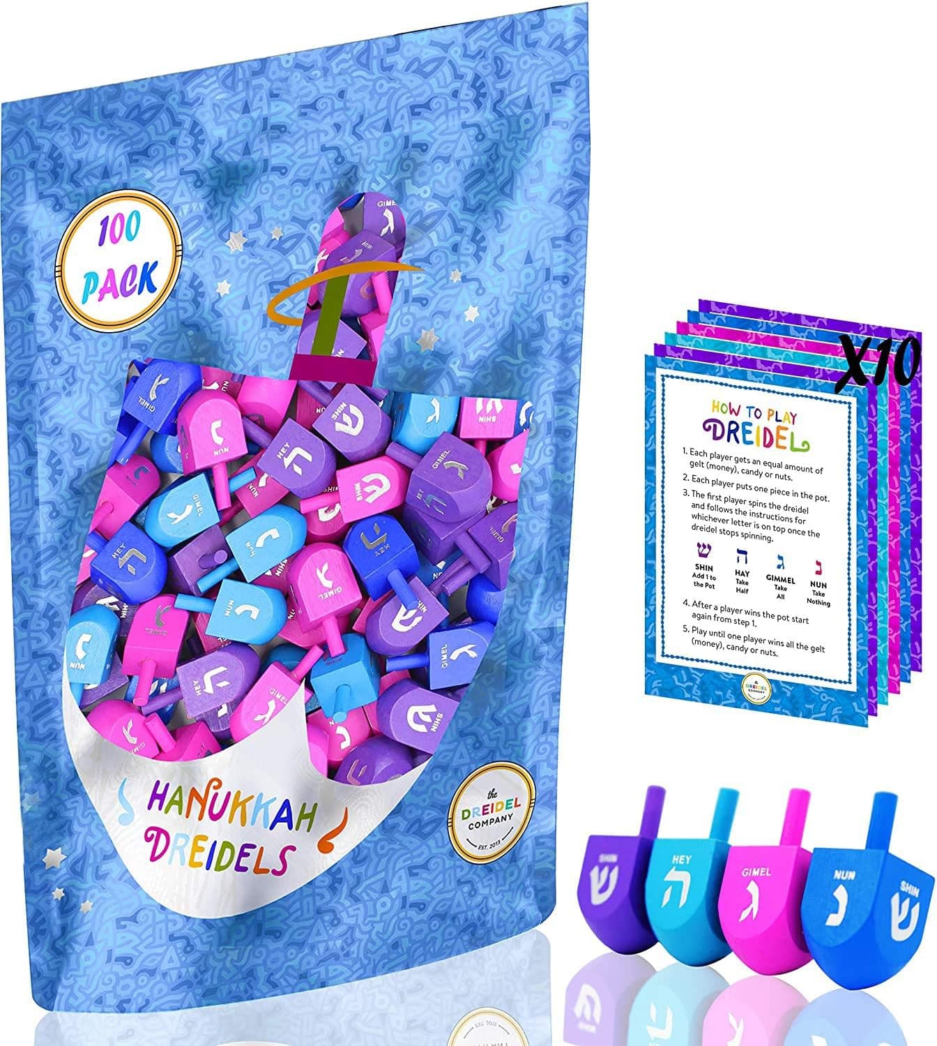 Hanukkah Dreidels Wood Multi-Colored Medium Sized Draydels with English Translation - Includes 3 Game Instruction Cards! (30-Pack)