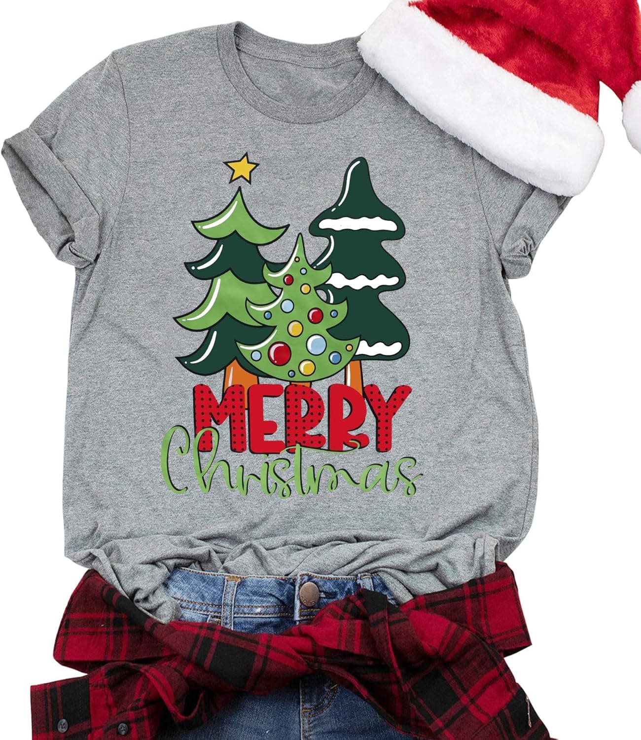Christmas Shirt for Womens Leopard Printed Plaid Christmas Trees T-Shirt Merry and Bright Graphic Tees Tops Xmas Gift