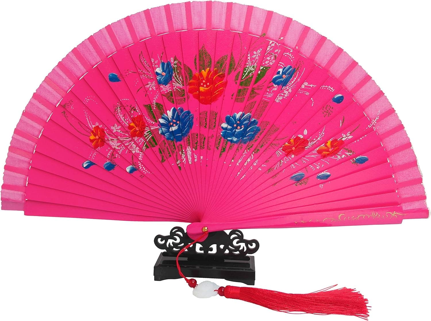 Ryumei 9.06" (23cm) Portable Bamboo Folding Fan Portable Fan, Chinese/Japanese Style Charming Elegant Retro Style, Women's Clothing Women's Best Gift, Fan Shaped Jade Pendant (Pink)