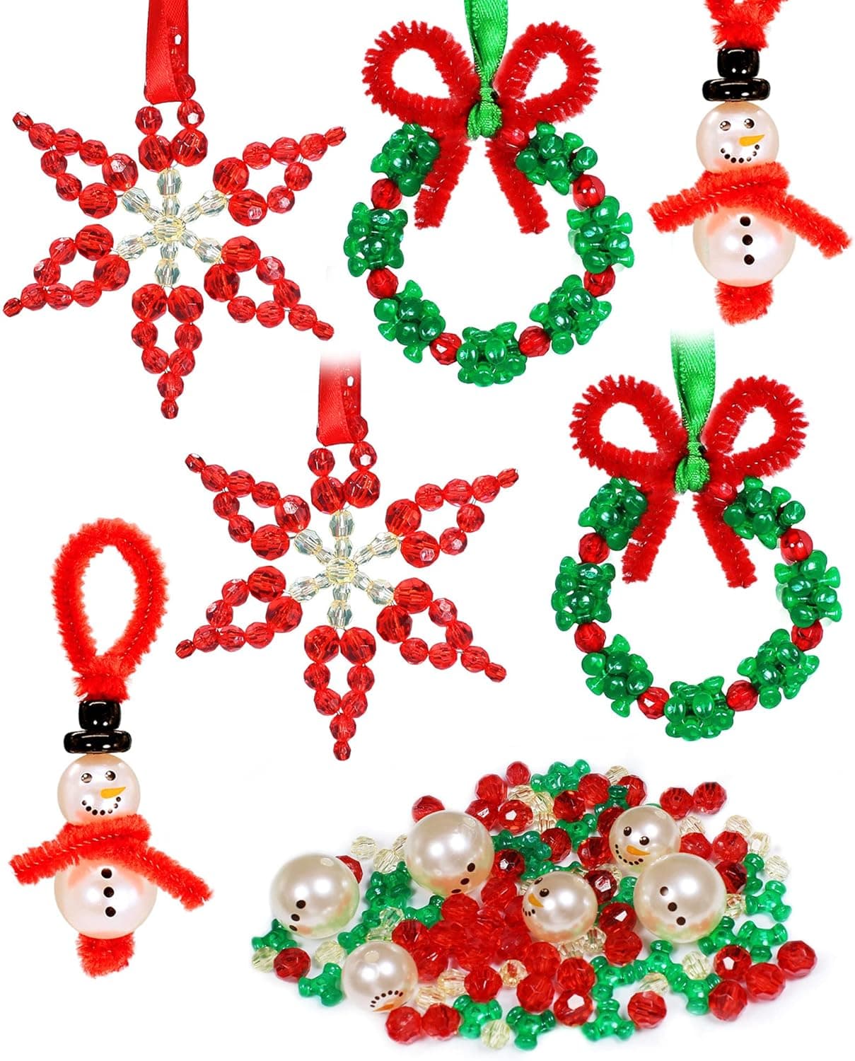 Christmas Beaded Craft Kit for Kids(30 Sets)-Including 12 PCS Snowman/12 PCS Christmas Wreath /6PCS Snowflake - Xmas Holiday Ornaments for Party Tree Decorations