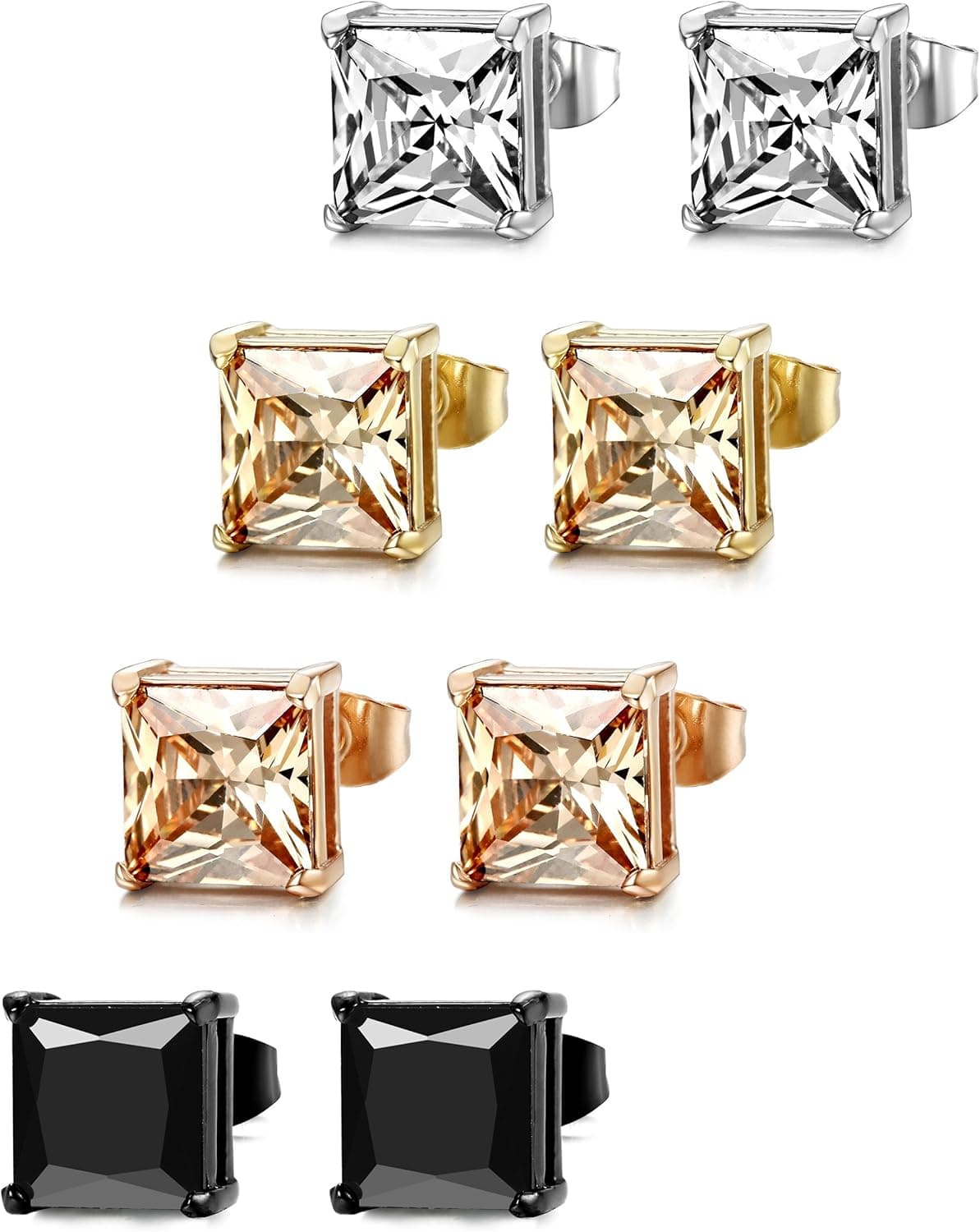 ORAZIO 4 Pairs Stainless Steel Women Stud Earrings Mens Ear Piercing Cubic Zirconia Earrings 6-8MM