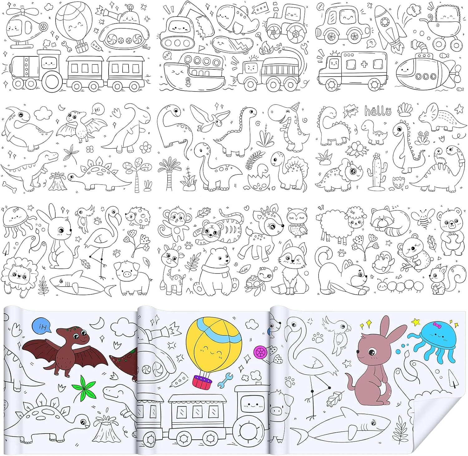 3 Pcs Children's Drawing Roll 11.8 x 118 Inches DIY Sticky Drawing Paper Roll Children's Coloring Roll for Color Filling Toddler Kids Art Craft Home Class Birthday Party Gift, Dinosaur Animal Vehicle