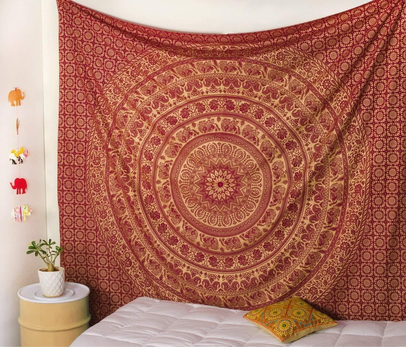 Popular Handicrafts Tapestry Wall Hanging Hippie Elephant Mandala Bohemian Hippy Intricate Indian Tapestries Bedspread 90 x 108 Inches (230cm x 270cm) Maroon & Gold