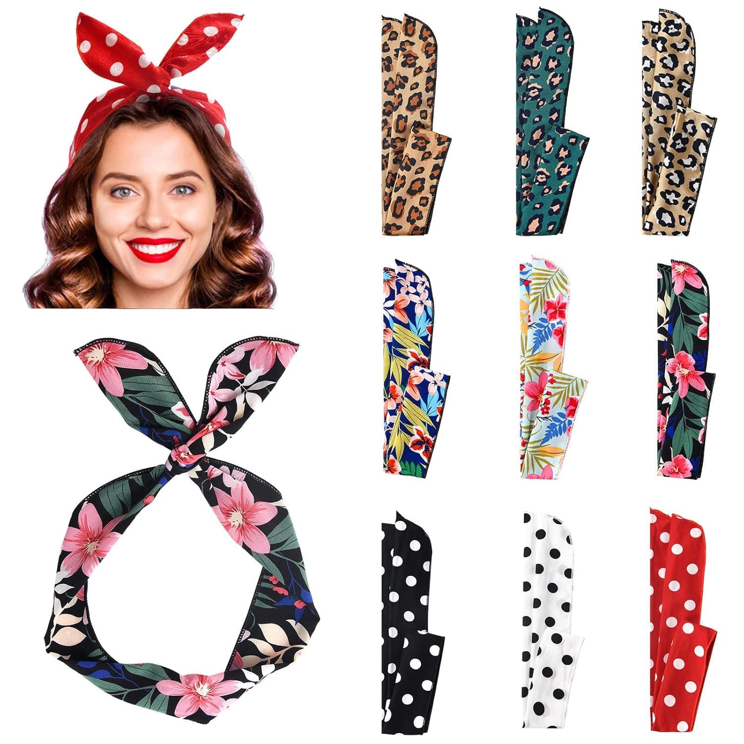 Yeshan Wire Headbands for Women, Wired Twist Bow Headbands, Polka Dot Leopard Floral print Hair tie Hair scarf Headbands Rabbit Ears Headbands for Women Girls,Pack of 9