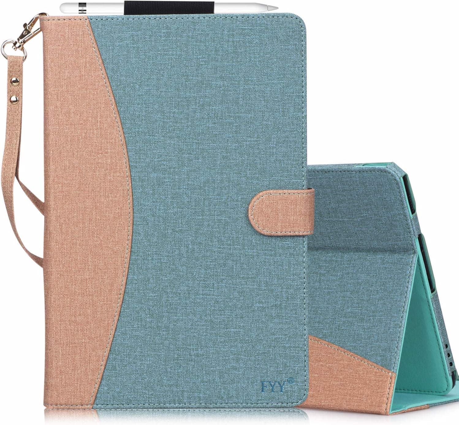 FYY [Leather Case] with [Apple Pencil Holder] for Apple iPad 9.7 2018/2017/iPad Air 2/iPad Air, Flip Folio Stand Case Protective Cover with [Auto Sleep Wake], Multiple Stand Angles, Card Slots Cyan