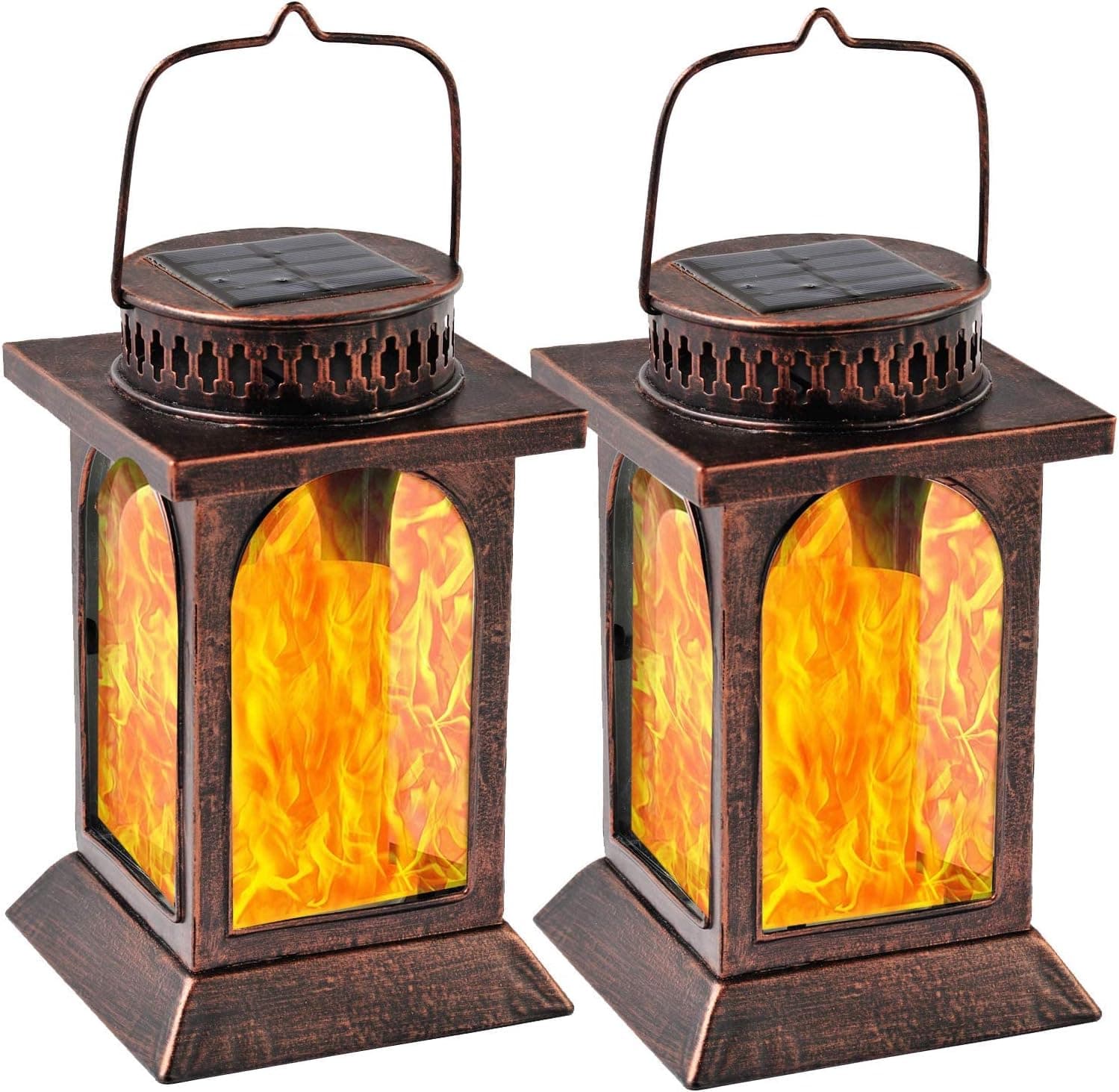 Solar Lights Metal Flickering Flame Solar Lantern Outdoor Hanging Lanterns Lighting Heavy Duty Solar Powered Waterproof Umbrella LED Flame Lights for Garden Patio Pathway Deck Yard, 2 Pack