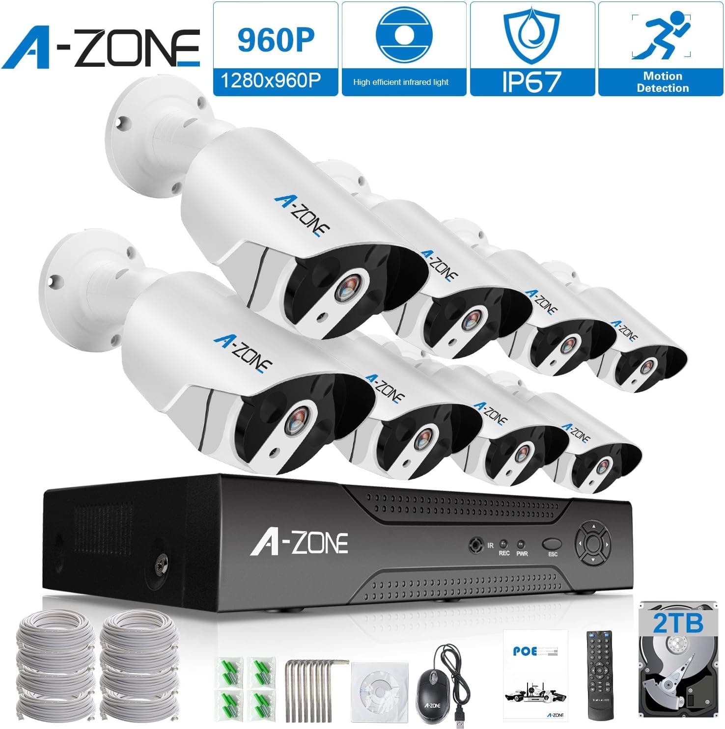 A-ZONE Security 8 Channel 1080P NVR HD 960P IP PoE Security Camera System with 8 Outdoor /Indoor 3.6mm Fixed lens 1.3 Megapixel 960P Cameras, QR Code Easy Setup, Free Remote View- with 2TB HDD,White