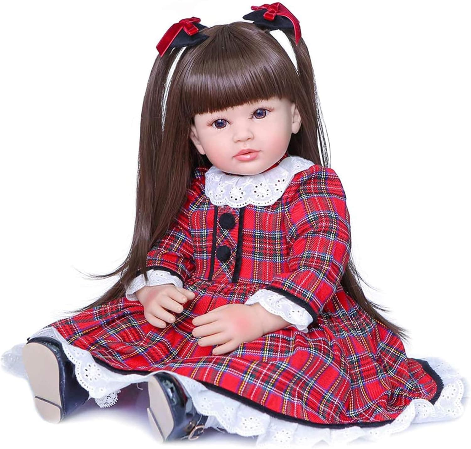 Zero Pam Reborn Toddler Dolls 24 inch, Brown Long Hair Realistic Handmade Reborn Girl Doll with Red Grid Dress British Style