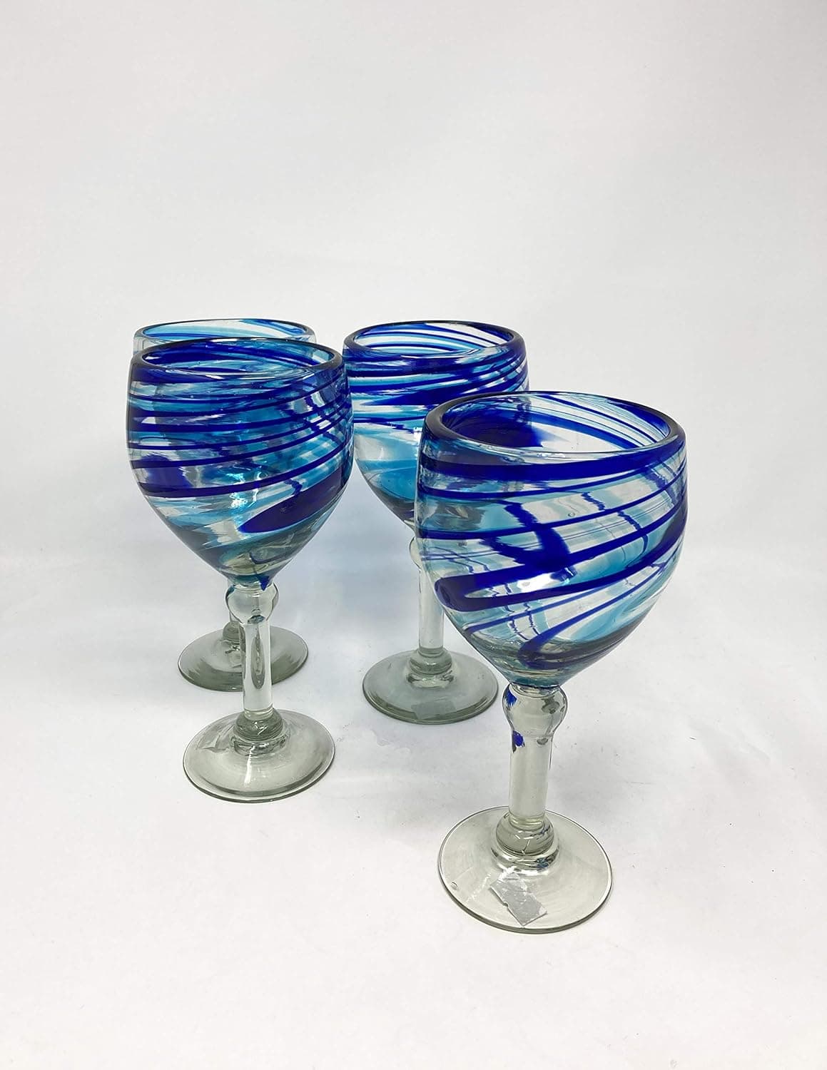 16 OZ Handblown Wine Glass - BDD - Set of 4 (Blue and Turquoise Swirl)