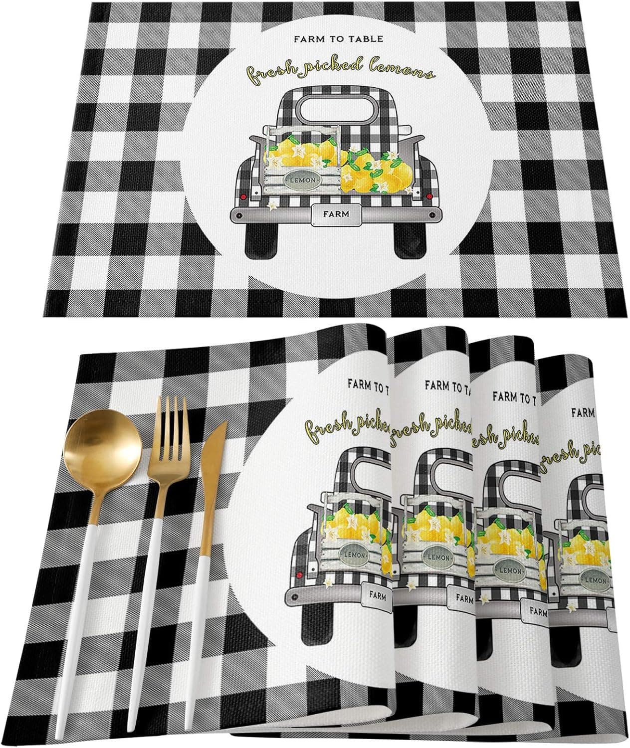 Lemon Placemats for Dining Table Set of 6 Table Mats Yellow Lemon Truck Farm Table Mats Stain Resistant Heat Insulation Non-Slip Washable Table Decoration for Kitchen, Black White Buffalo Plaid