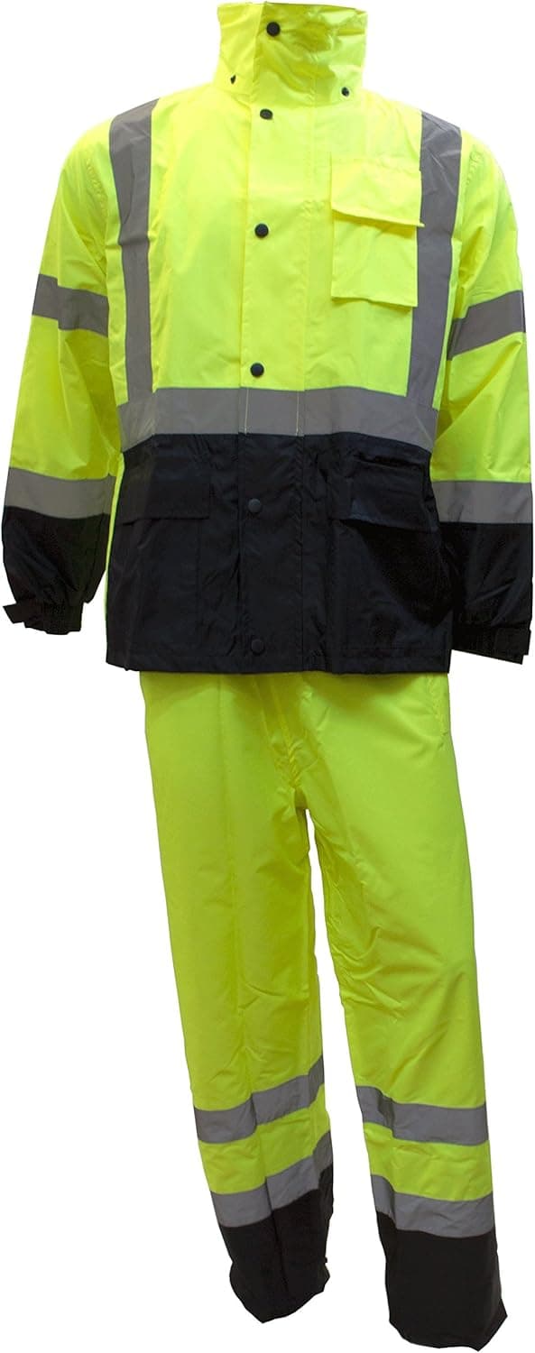 New York Hi-Viz Workwear RK Safety Class 3 Rain suit, Jacket, Pants High Visibility Reflective Black Bottom RW-CLA3-LM11 (Small, Lime)