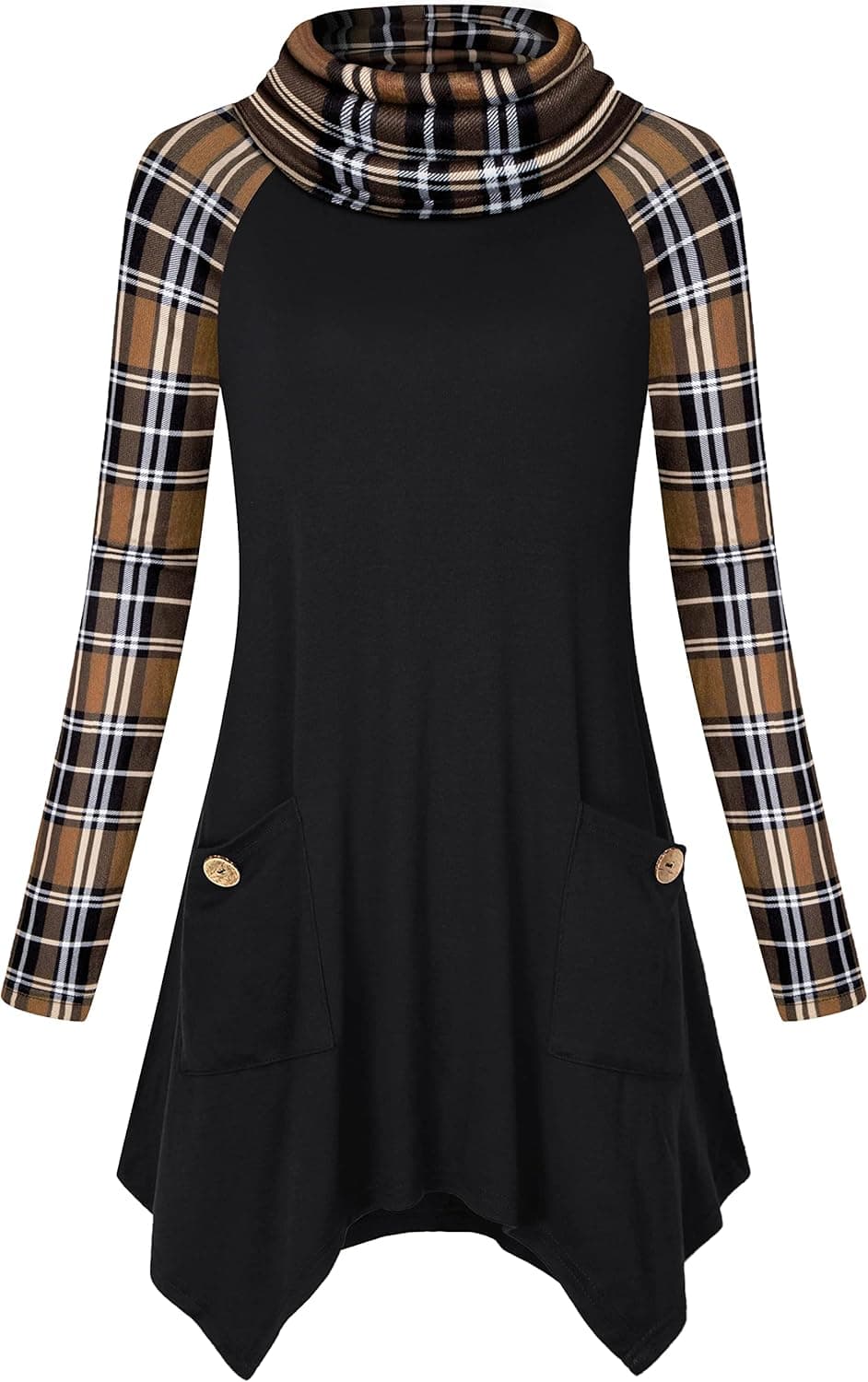 Hibelle Women's Long Sleeve Cowl Neck Asymmetrical Hem Casual Pullover Tunic Tops with Pockets