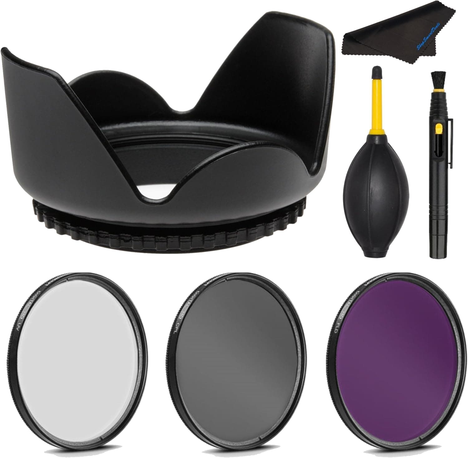 PRO 49mm Filter Kit + PRO 49 mm Tulip Lens Hood - 49 mm Polarizing Filter, 49mm UV Filter, 49mm Florescent Filter & 49mm Flower Lens Shade Hood