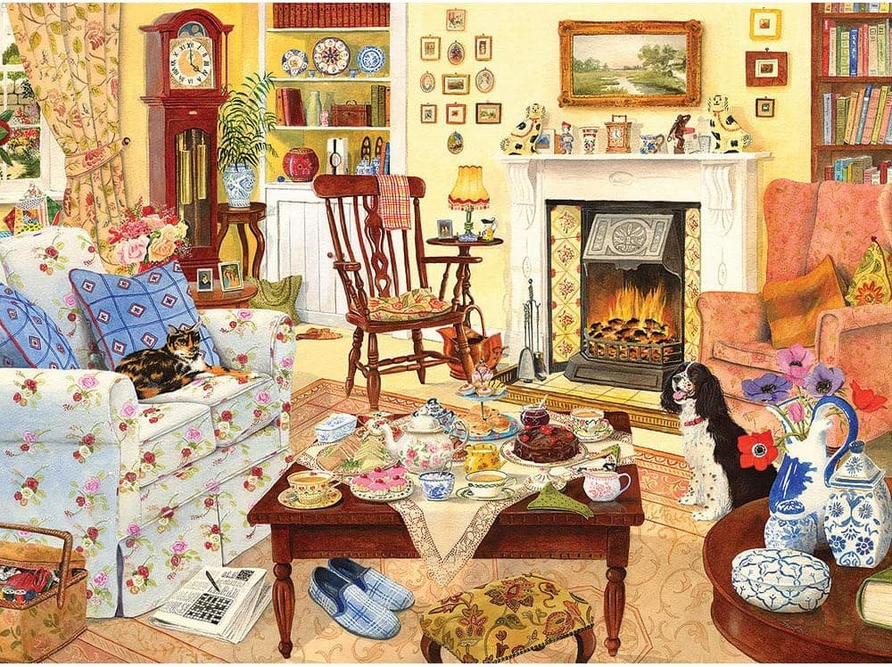 Bits and Pieces - 1000 Piece Jigsaw Puzzle for Adults 20" x 27" - Afternoon Tea - 1000 pc Table Fireplace Dog Cat Living Room Home Snack Time Jigsaw by Artist Tracy Hall