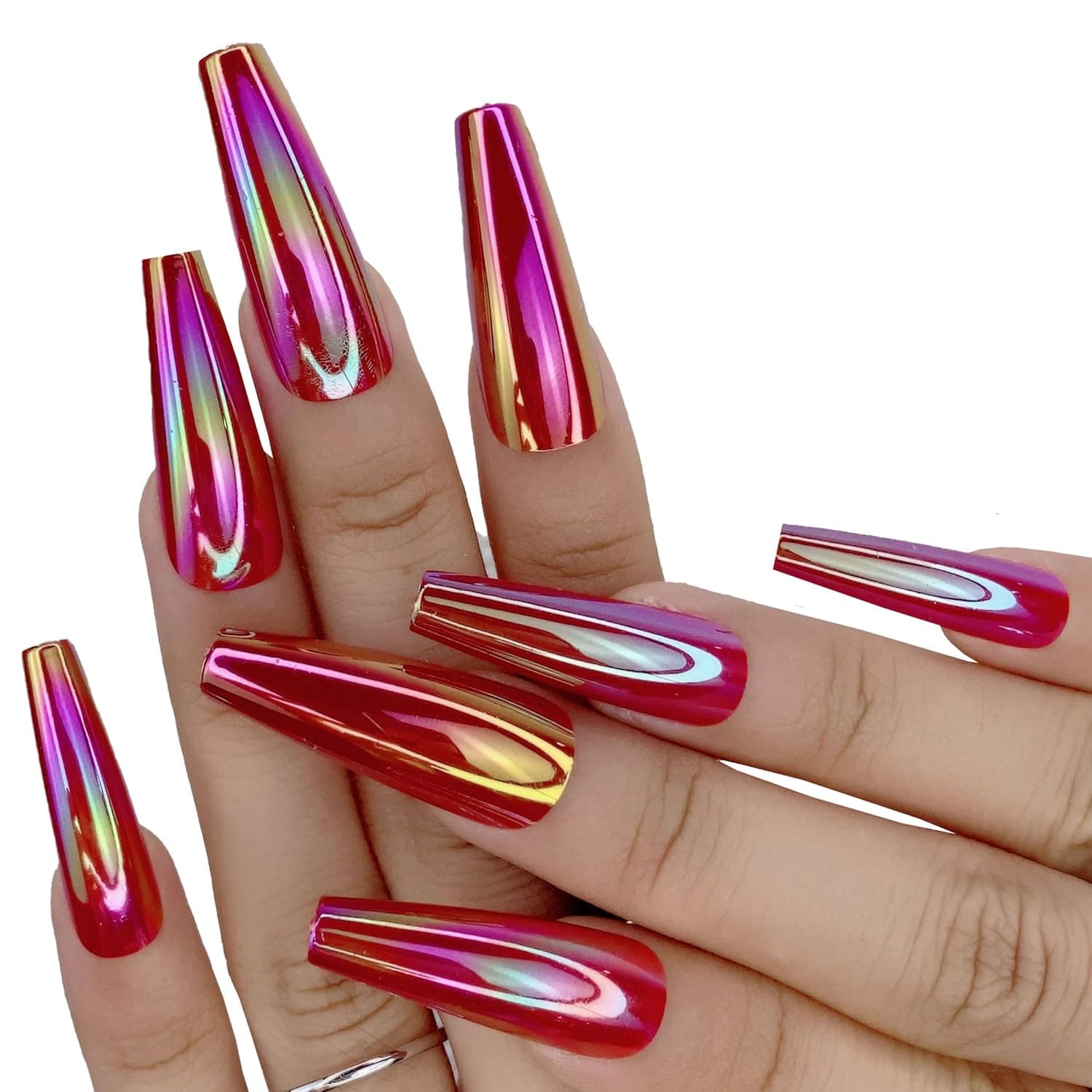 MISUD 24Pcs Coffin Fake Nails, Extra Long False Nails, Aurora Glossy Ballerina Press on Nails, Laser Bling Acrylic Nails for Girls and Women (Dark Red)
