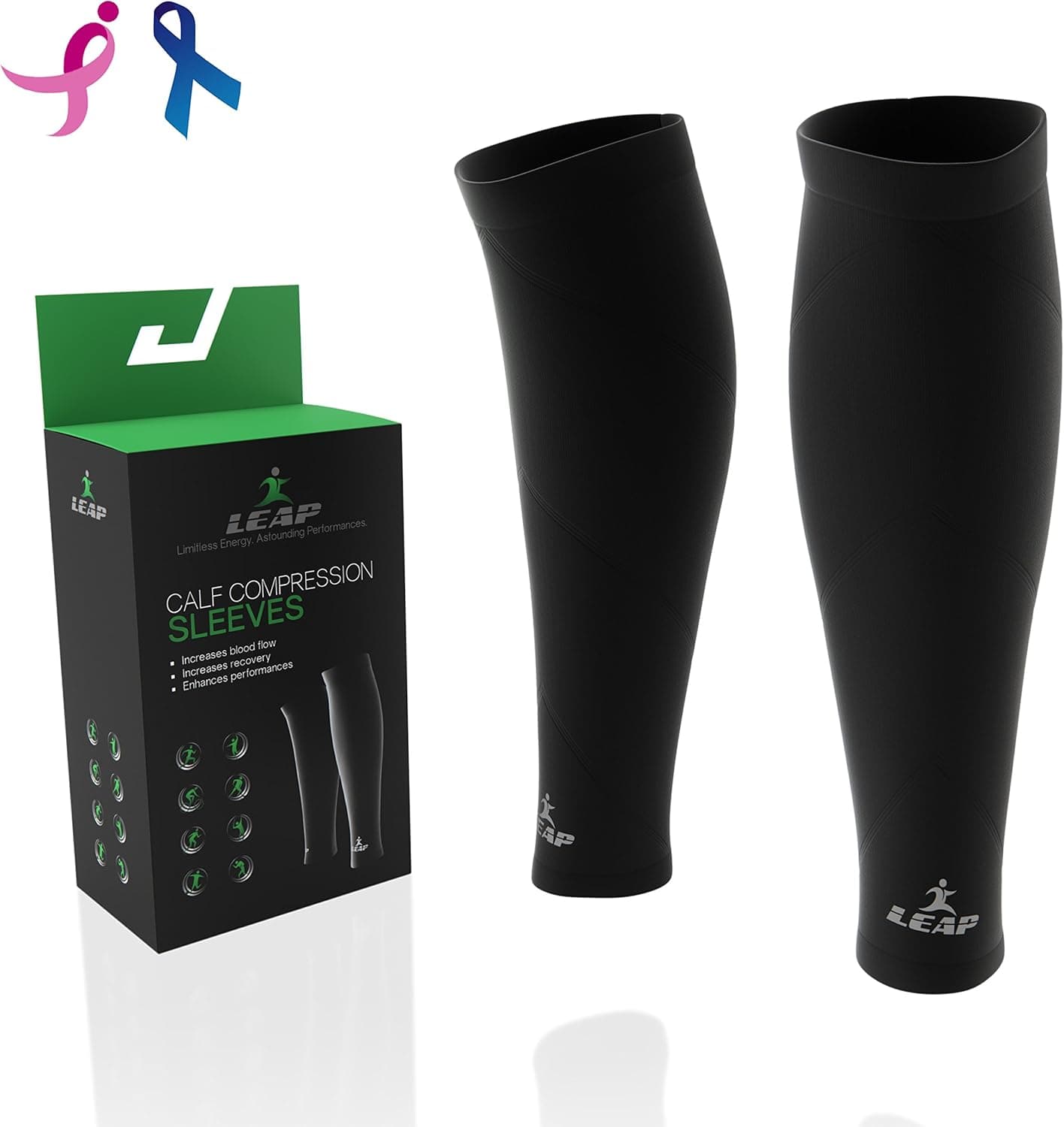 LEAP ATHLETICS Calf Compression Sleeves 1 Pair Compression Socks for Men & Women☆Sleeves for Shin Splints☆Sleeve for Basketball Running Soccer Football Baseball☆Support Stocking for Varicose Veins☆