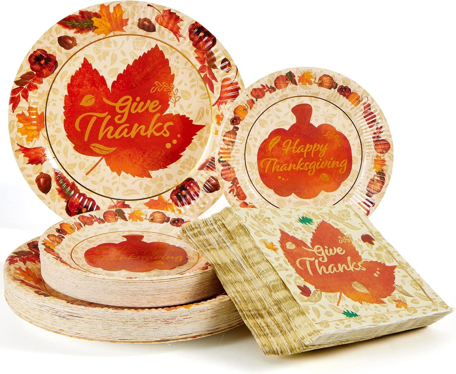 JOYIN 192pcs Thanksgiving Paper Plates and Napkins Disposable Dinnerware Set in Elegant Gold Foil Fall Design Includes 48 10" Dinner Plates 48 7" Dessert Plates and 96 Napkins for Fall Theme Party