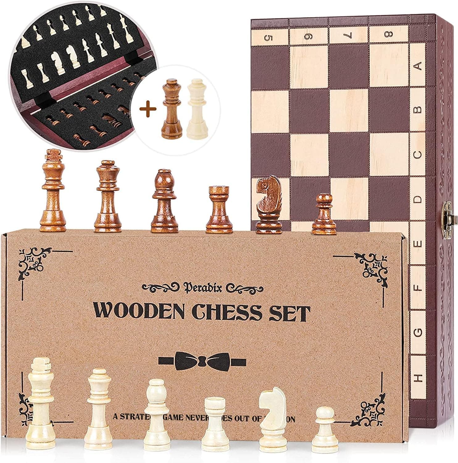 Peradix Wooden Chess Sets, Portable Wood Chess Set with Folding Chess Board, Hand Crafted Chess Pieces 11.4”, Beginner Chess Board Games, Easy Storage & Gifts Box