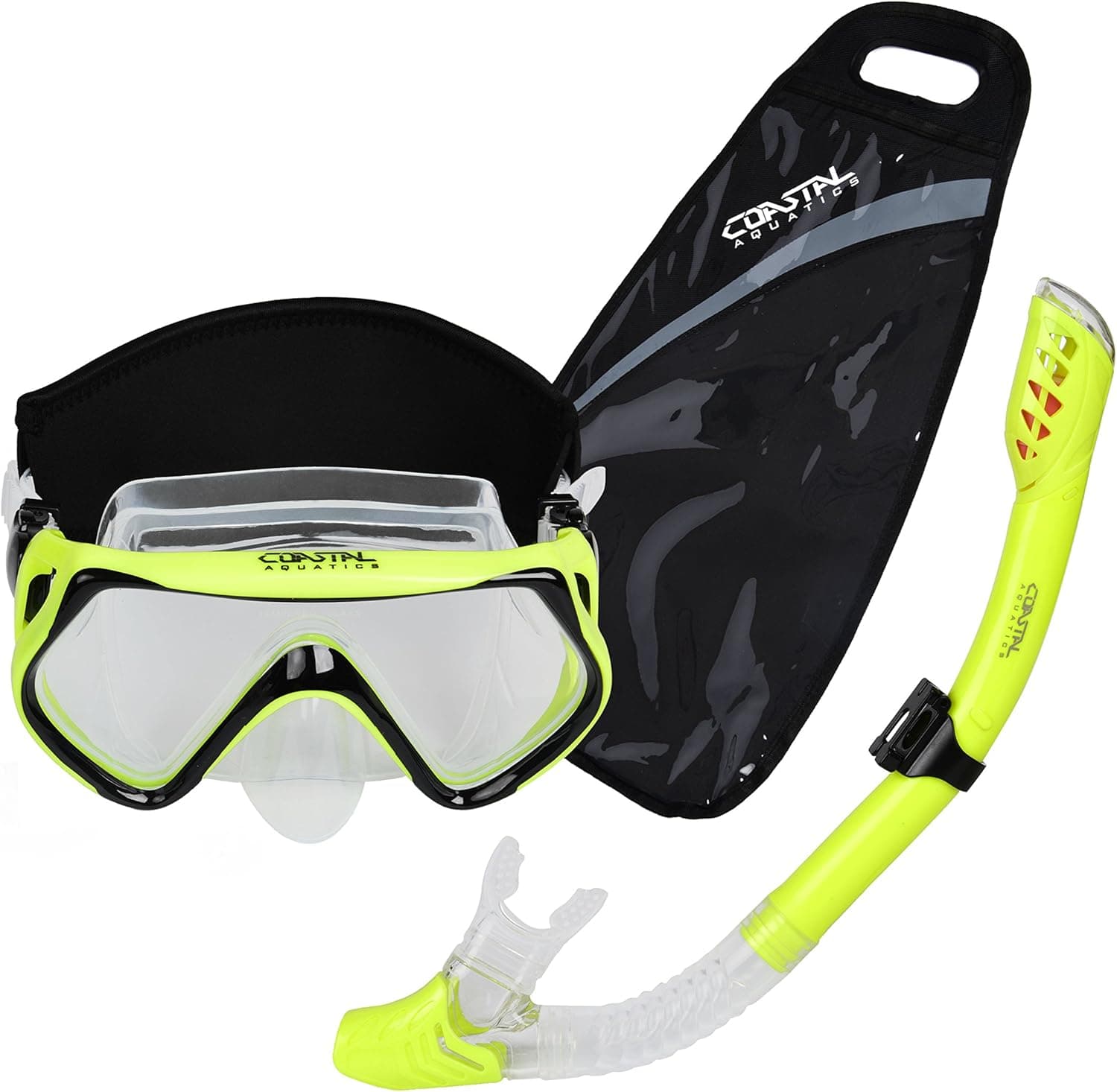Coastal Aquatics Adult Dry Snorkel and Mask Set - Waterproof Gear Bag - Neoprene Mask Strap Cover - Tempered Glass - Anti-Fog Lens - Snorkeling Gear - Snorkeling Package