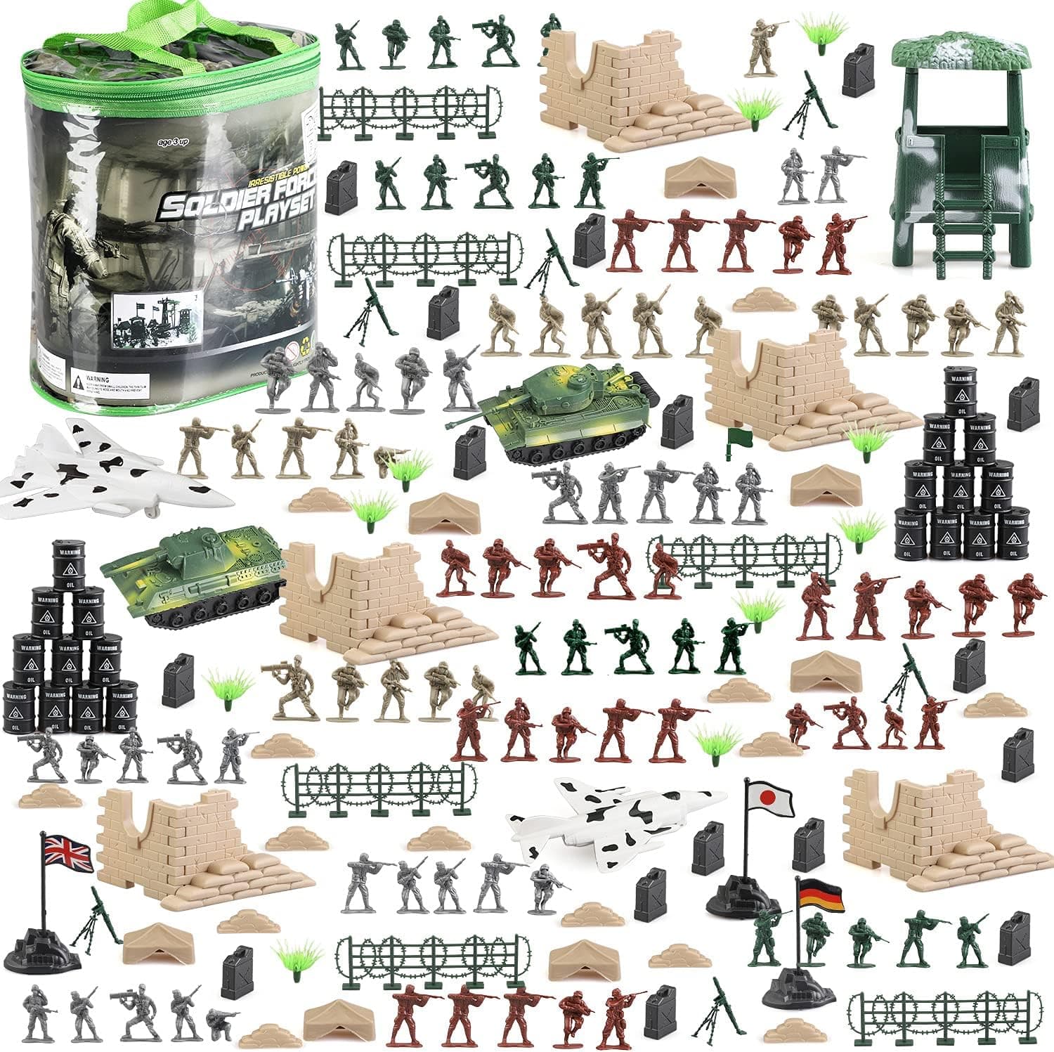 250 PCS Army Men Army Soldier Plastic Toys, Military Action Figures Playset Military Soldiers Bucket with Tanks, Planes, Soldier Figures and Accessories for Kids Boys and Girls