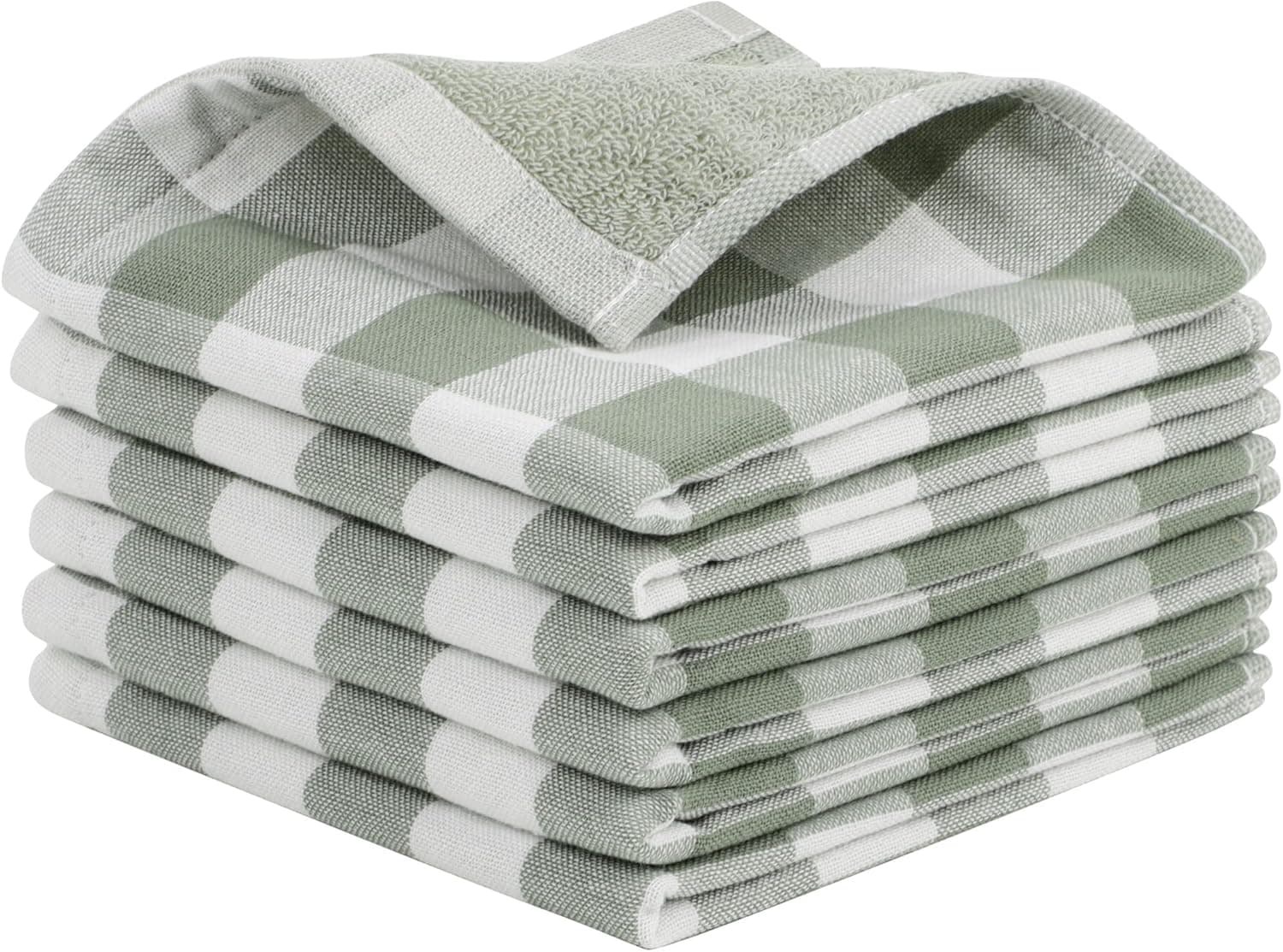 PiccoCasa 100% Cotton Dishcloths Set of 6, 13 x 13 Inch, Soft Absorbent Drying Kitchen Washcloths, Plaid Gingham with Hang Loop - Green