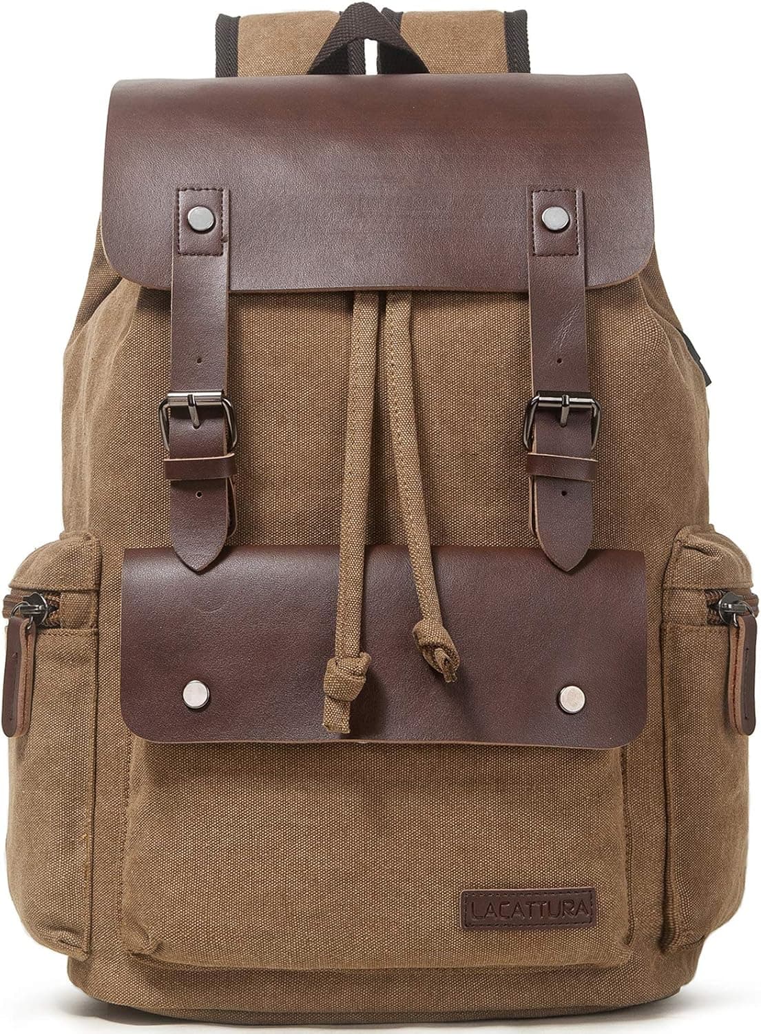 LACATTURA Vintage Leather Backpack for Men & Women, Denim Canvas Laptop Rucksack