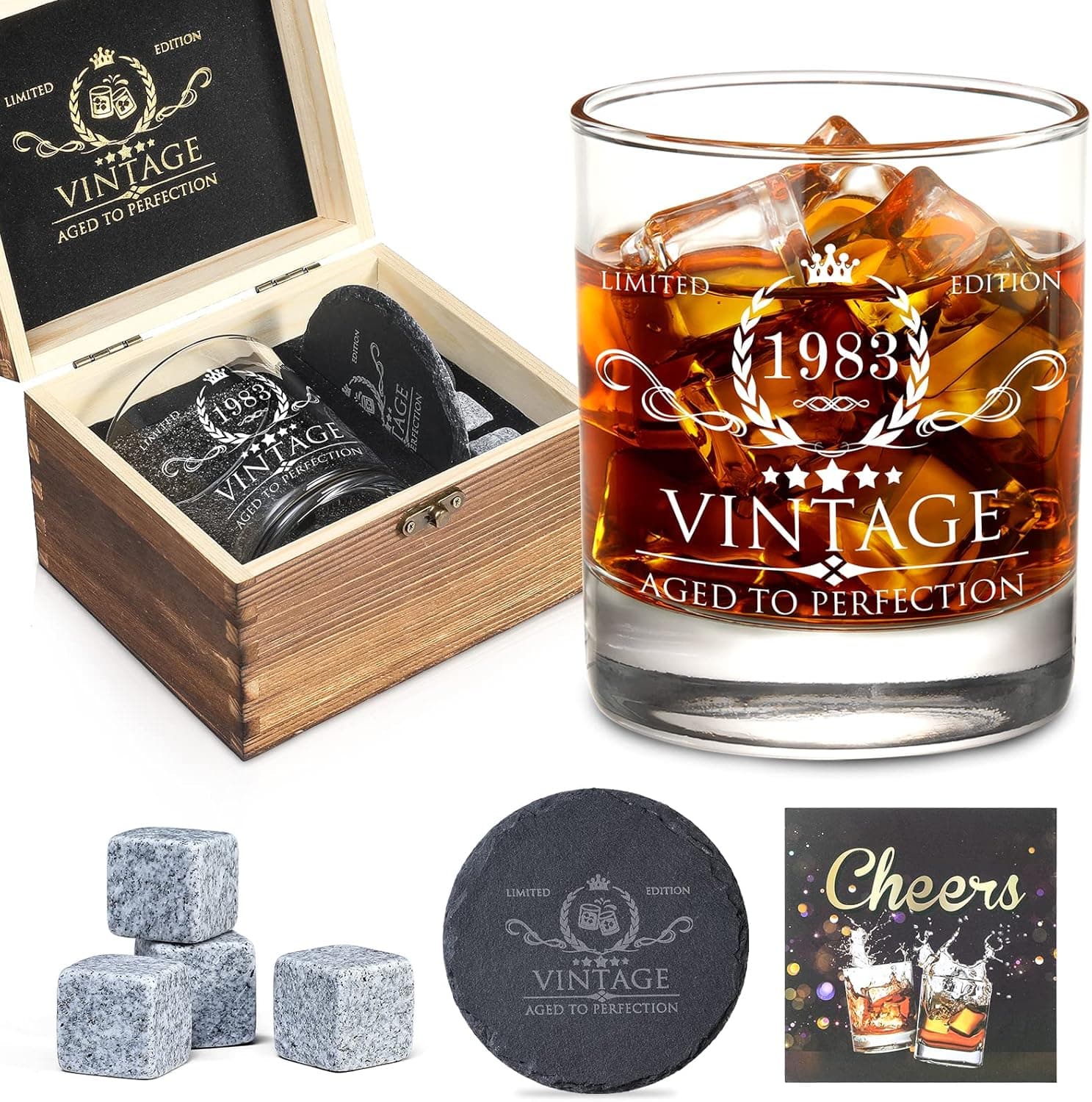 40th Birthday Gifts for Men Whiskey Glass Set - 40th Birthday Decorations, Party Supplies - 40 Year Anniversary, Bday Gifts Ideas for Him, Dad, Husband, Friends - Wood Box & Whiskey Stones & Coaster
