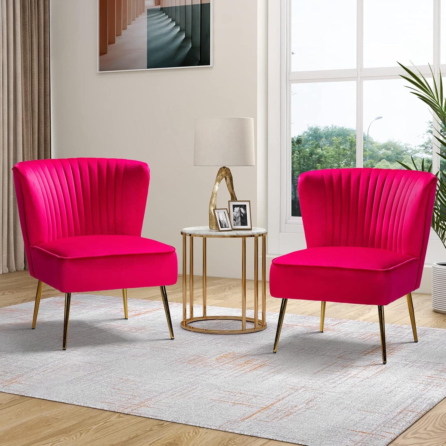 TINA'S HOME Monica Velvet Armless Side Chair Set of 2, Upholstered Accent Chair Comfy Living Room Chair with Golden Legs Wingback, Mid Century Slipper Chair for Bedroom Guest Room- Fuchsia