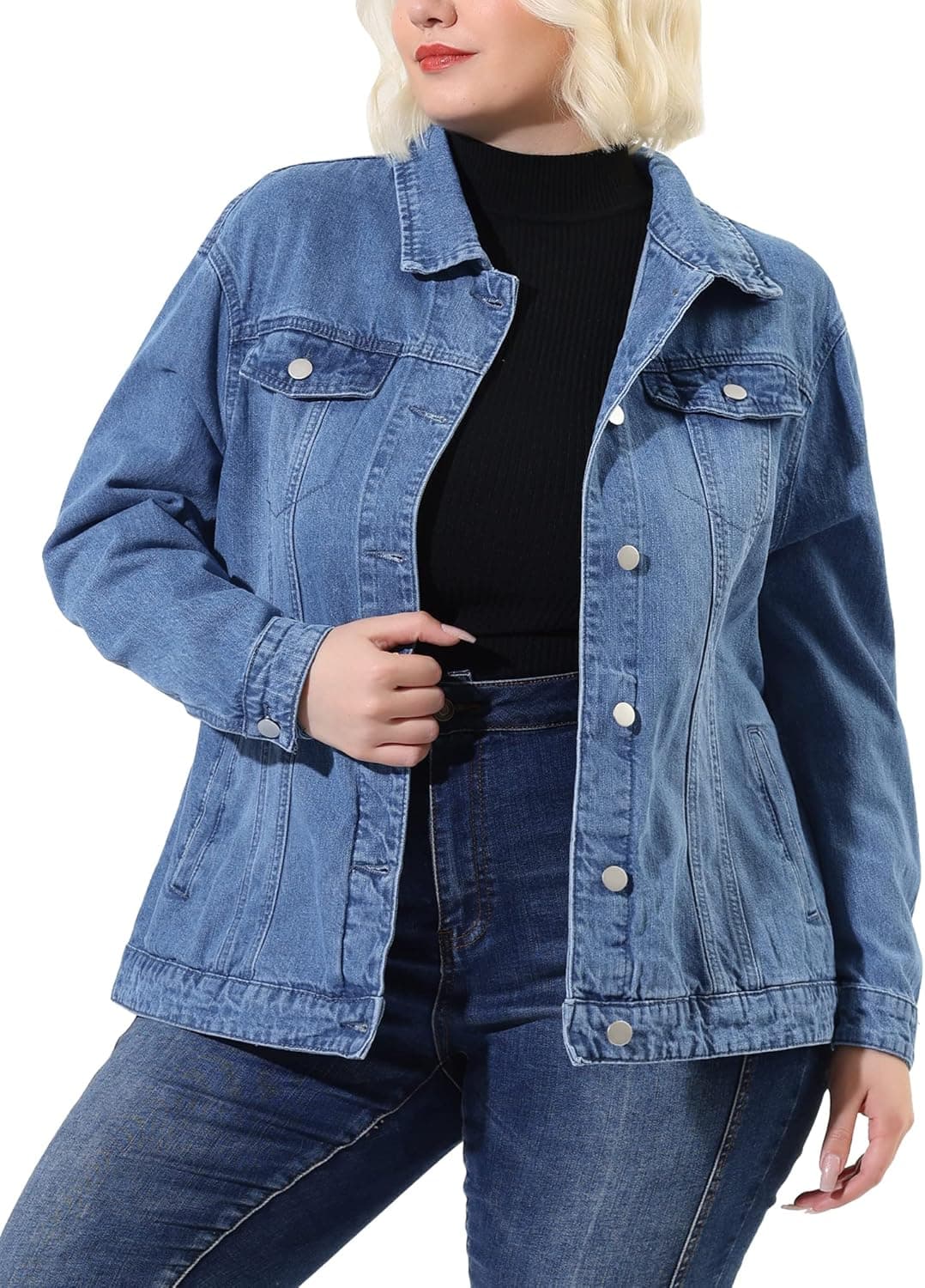 uxcell Women's Plus Size Stitching Button Front Washed Denim Jacket