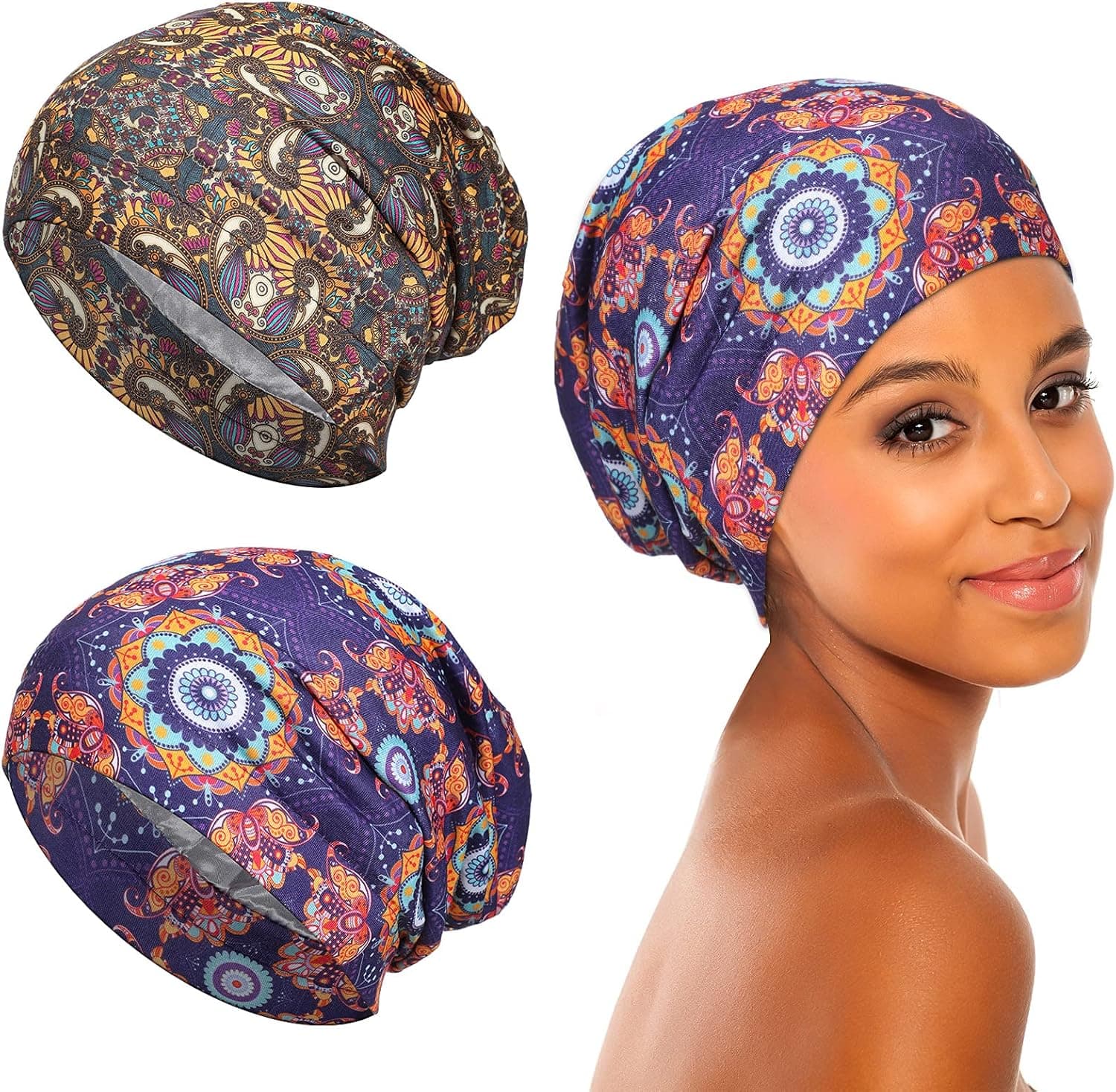 2 Pieces Silk Hair Wrap Sleeping Bonnet Satin Lined Slouchy Sleep Cap for Women