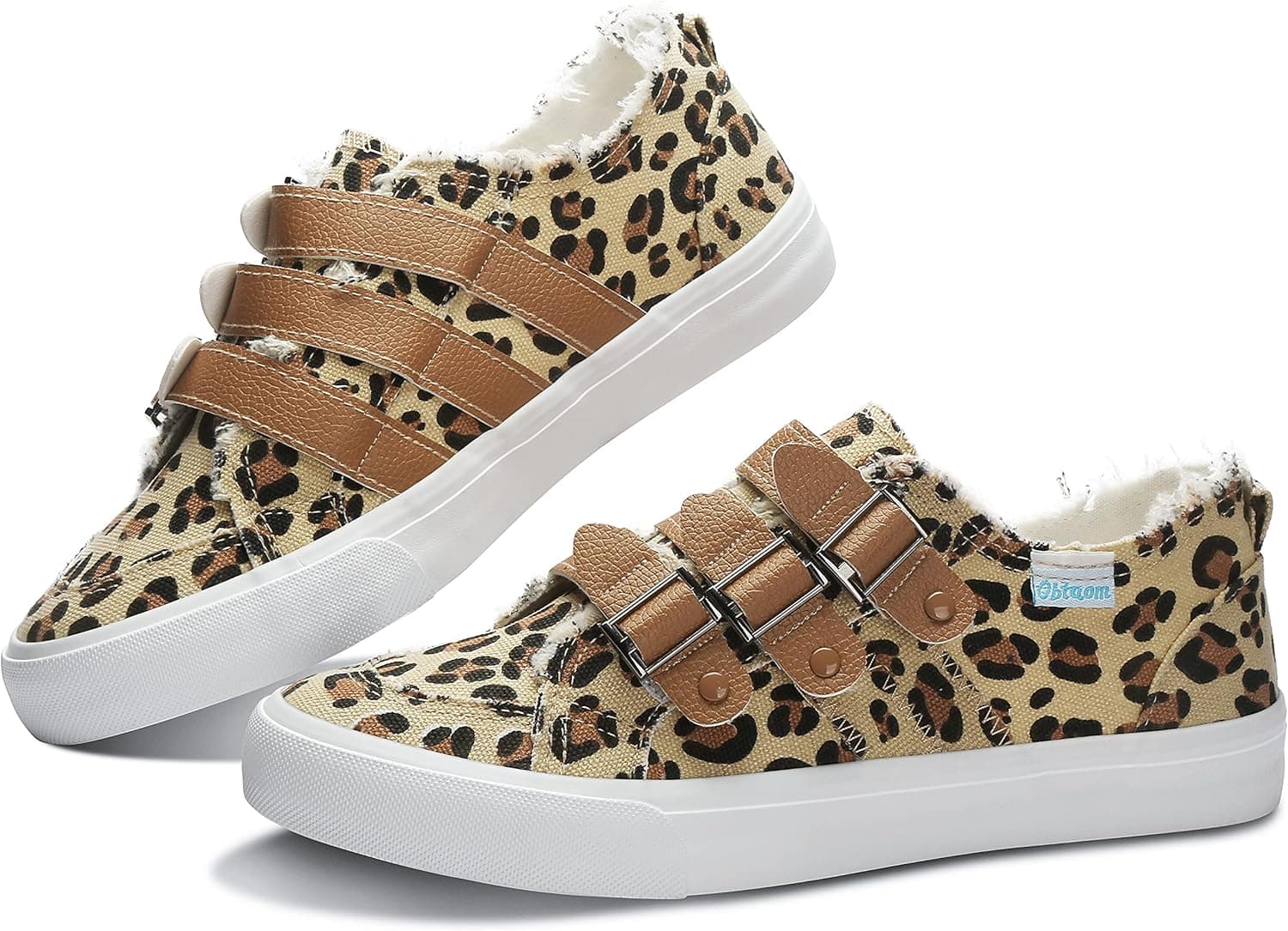 Obtaom Women's Play Fashion Sneaker Cute Leopard Print Slip ons Comfortable Canvas Shoes with Decorative Buckles（Leopard US5）