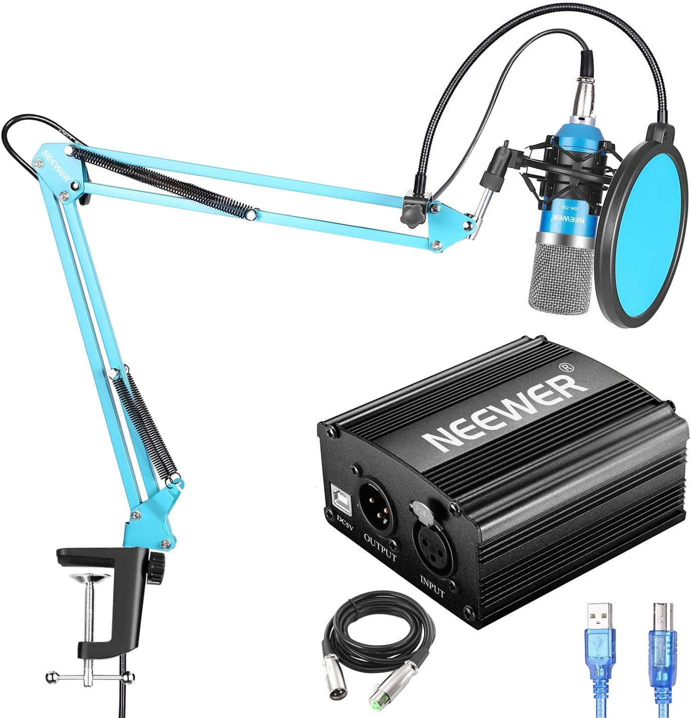 Neewer NW-700 Condenser Microphone Kit with USB 48V Phantom Power Supply, NW-35 Suspension Scissor Arm Stand, Shock Mount(Black), Pop Filter for Home Studio Recording Broadcast YouTube Live(Blue)