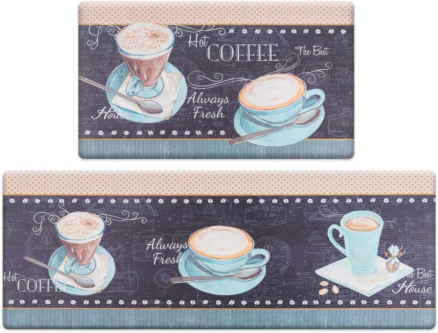ROSMARUS Coffee Theme Kitchen Rug Set 2 Piece, Cushioned Anti-Fatigue Kitchen Floor Mats Waterproof Easy to Clean Comfort Standing Kitchen Mat Set (Black)