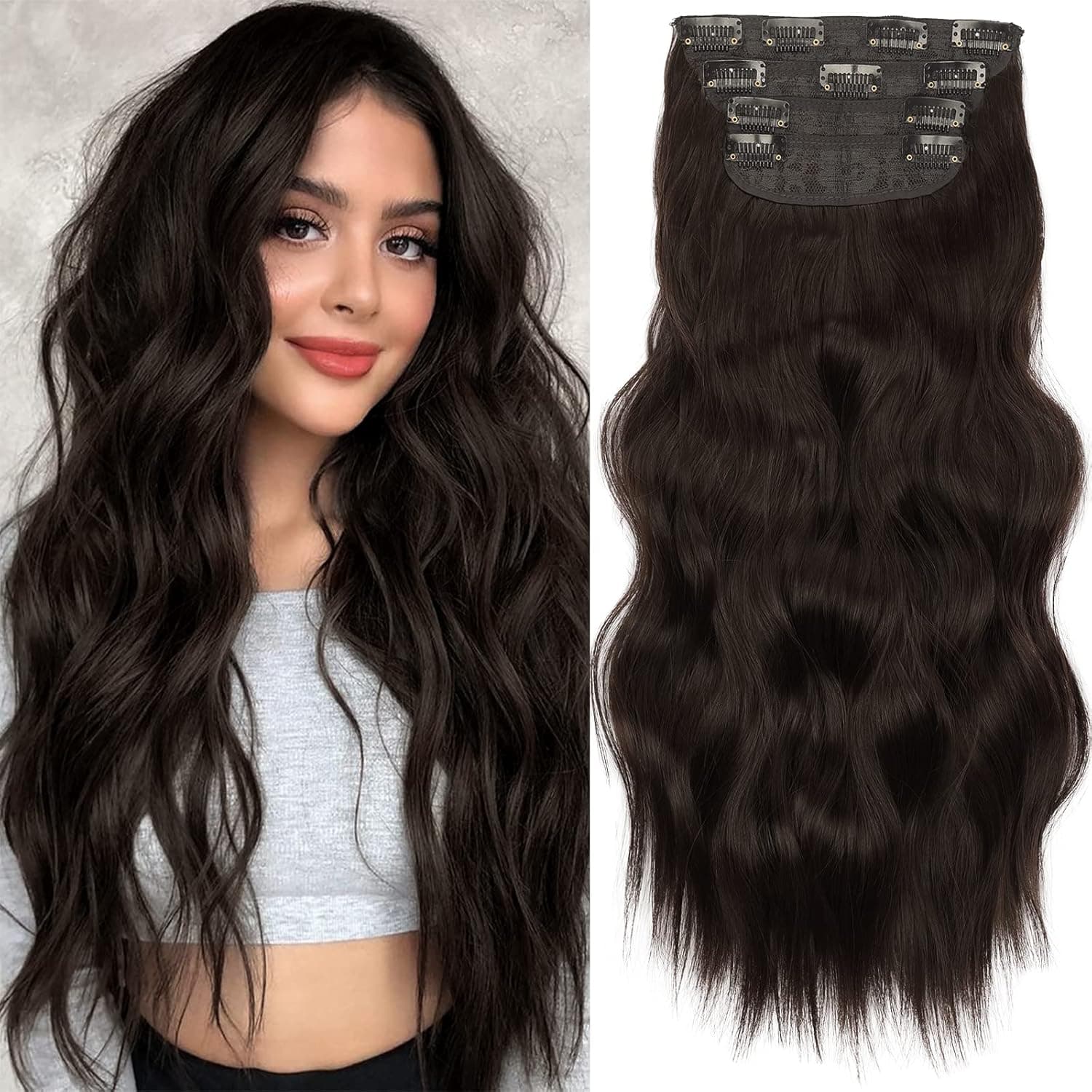 KooKaStyle Clip in Synthetic Hair Extensions Long Wavy 4PCS Thick Hairpieces Medium Reddish Brown Fiber Double Weft Natural Hair Extensions 20 Inch for Women