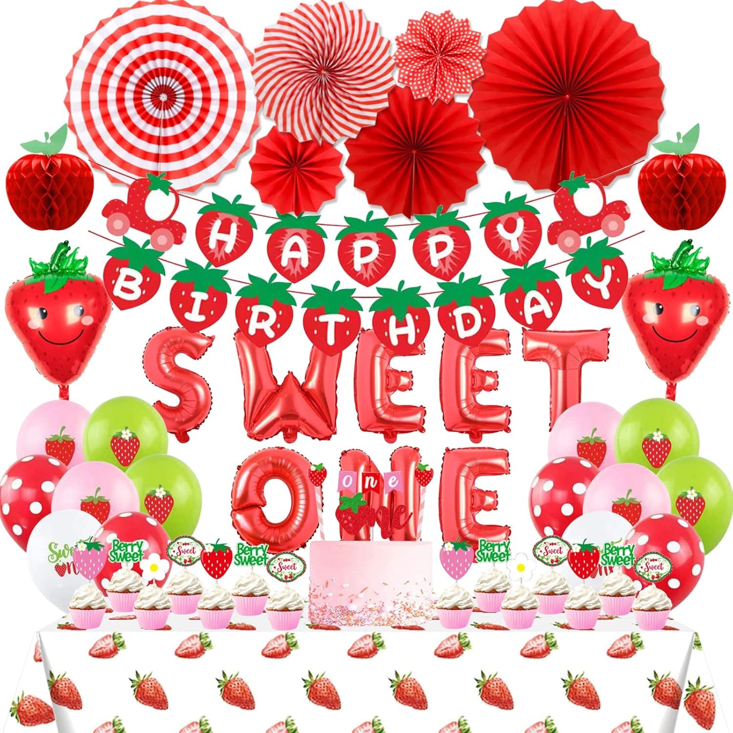 kbrand Strawberry First Birthday Party Decorations Sweet One Include Banner, Honeycomb Balls, Aluminum Film Balloon, Cake Topper, Paper Fans and Tablecloth for Girls Supplies