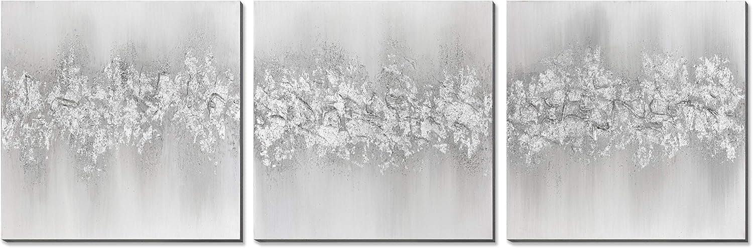 3Hdeko - 3D Silver Glitter Abstract Canvas Wall Art 100% Hand-Painted 60X20inch Silver Gray Textured Oil Painting for Living Room Bedroom, 3 Piece Modern Grey Home Decor, Ready to Hang