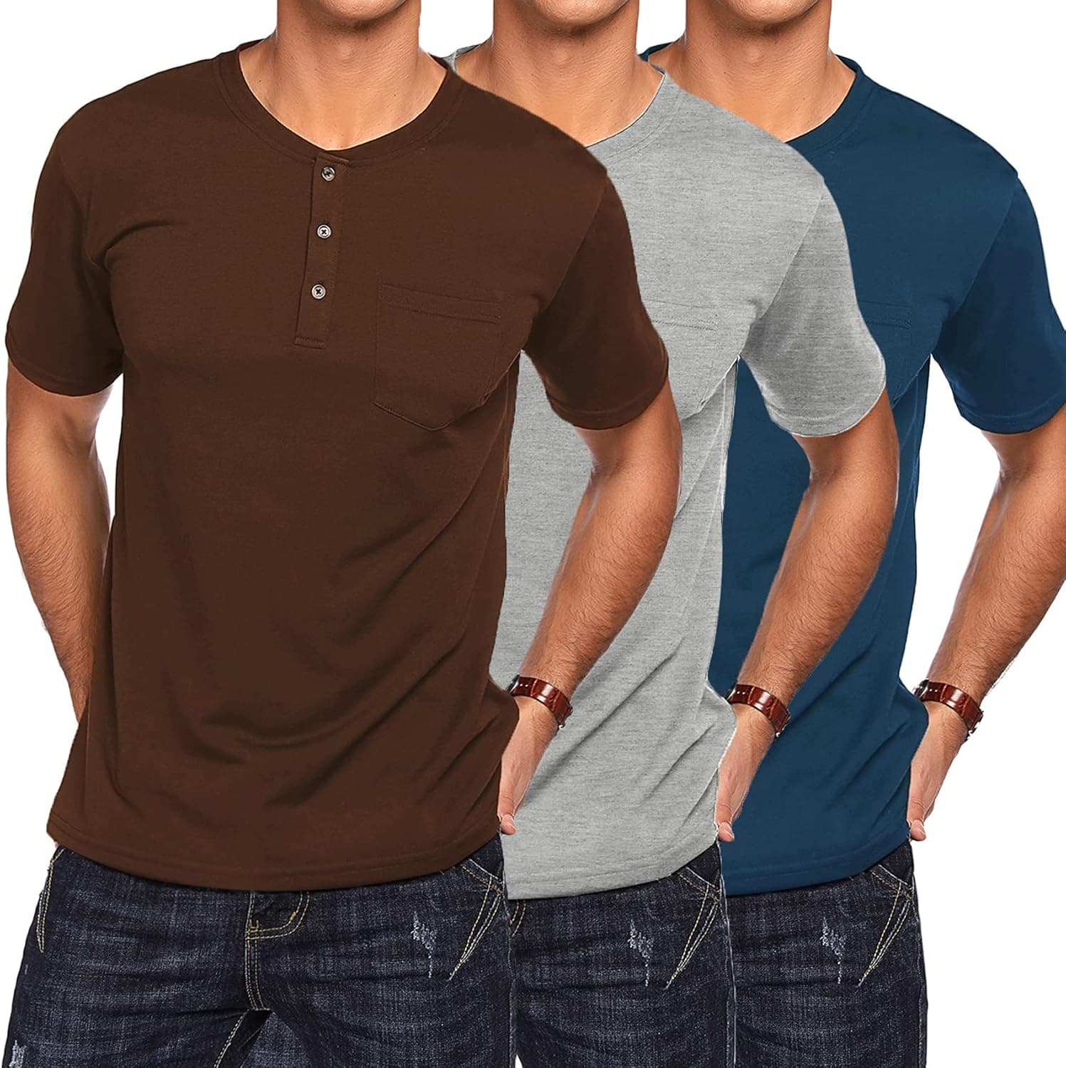 COOFANDY Men's 3Pack Henley Shirts Short Sleeve Casual Basic Summer Solid T Shirts with Pocket