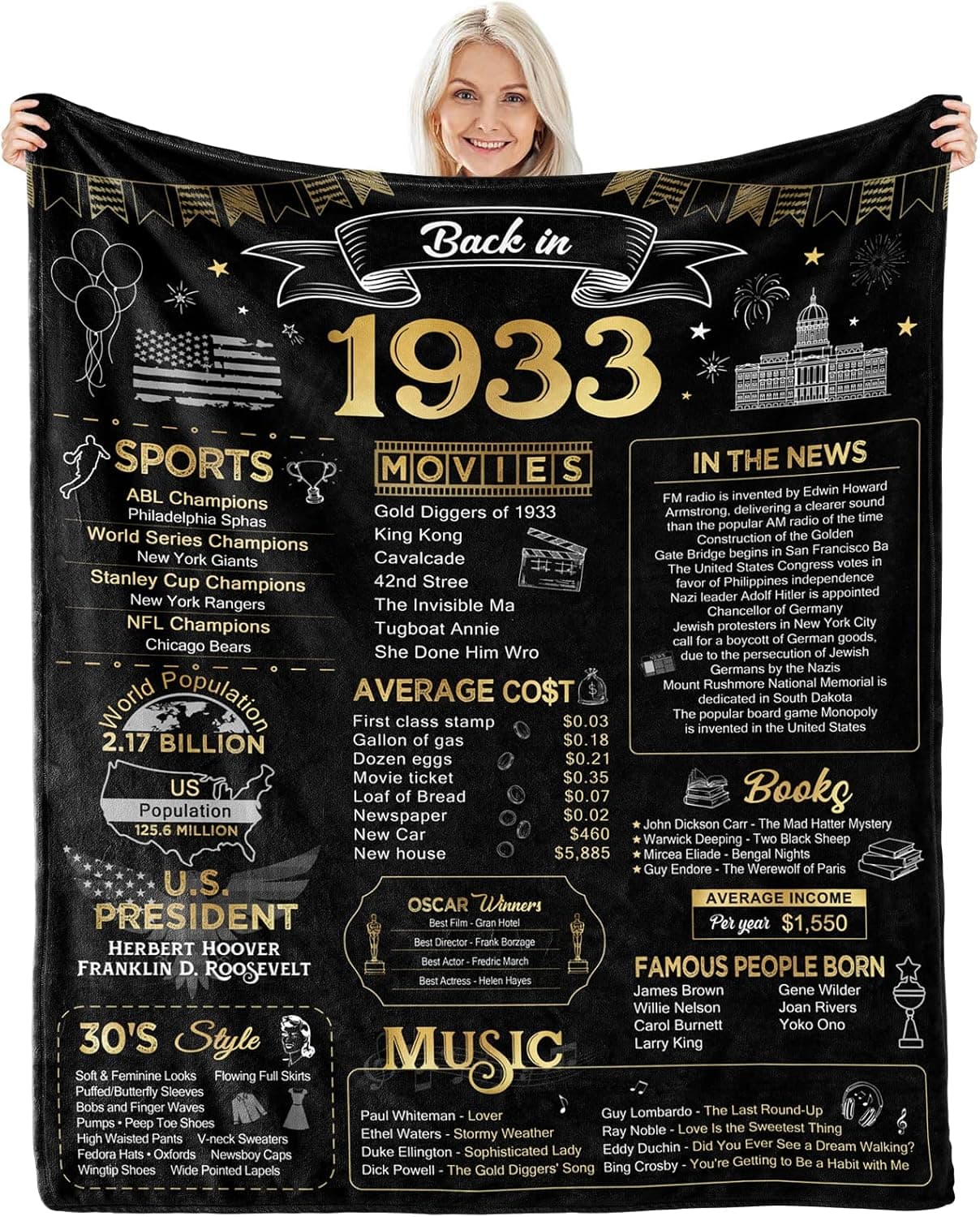 Happy 90th Birthday Gifts for Men Women Blanket 1933 90th Birthday Decorations Turning 90 Year Old Bday Gift Idea for Grandparents Dad Mom Back in 1933 Throw Blanket for Bed Sofa 80Lx60W Inches
