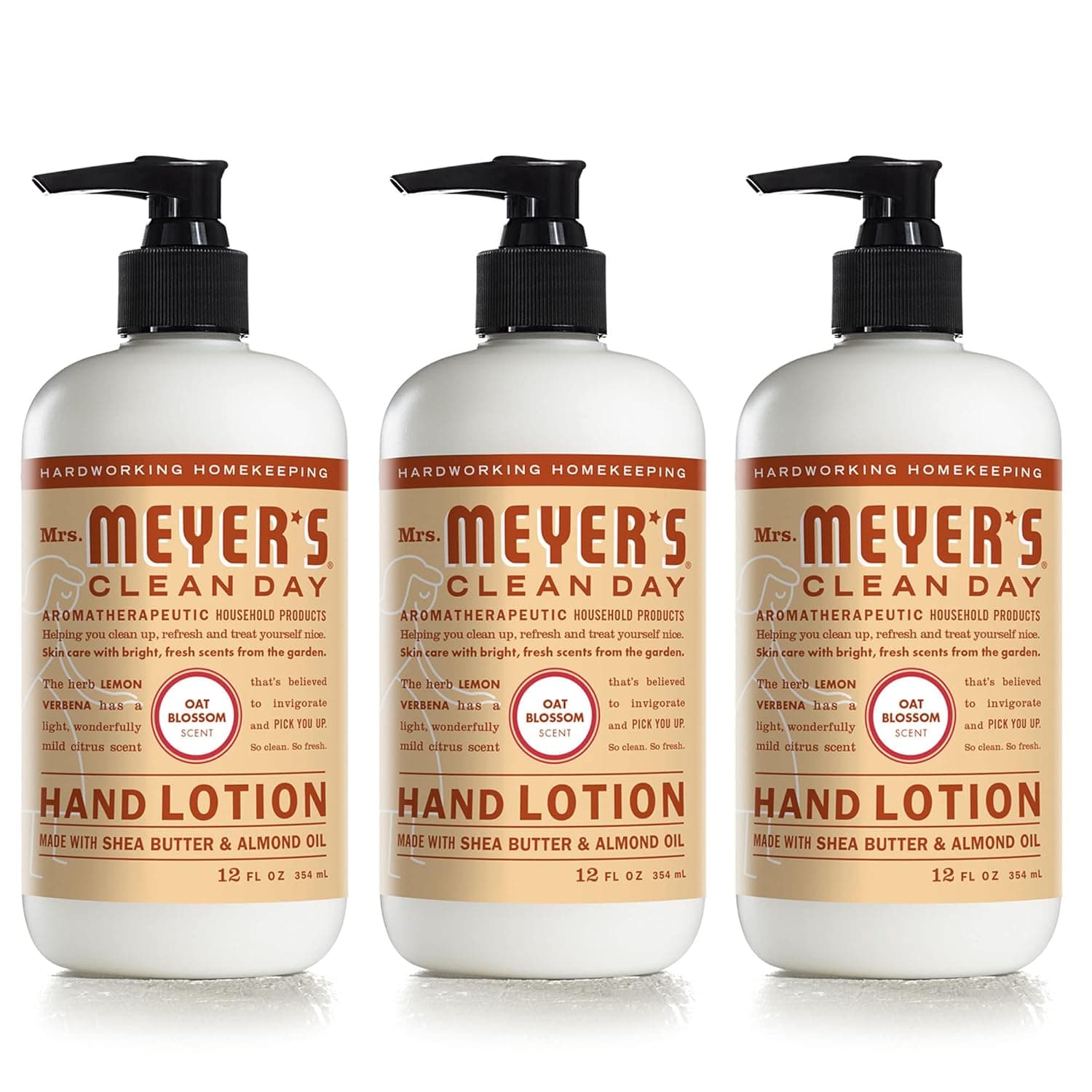 Mrs. Meyer's Hand Lotion for Dry Hands, Non-Greasy Moisturizer Made with Essential Oils, Oat Blossom, 12 oz Bottles, Pack of 3