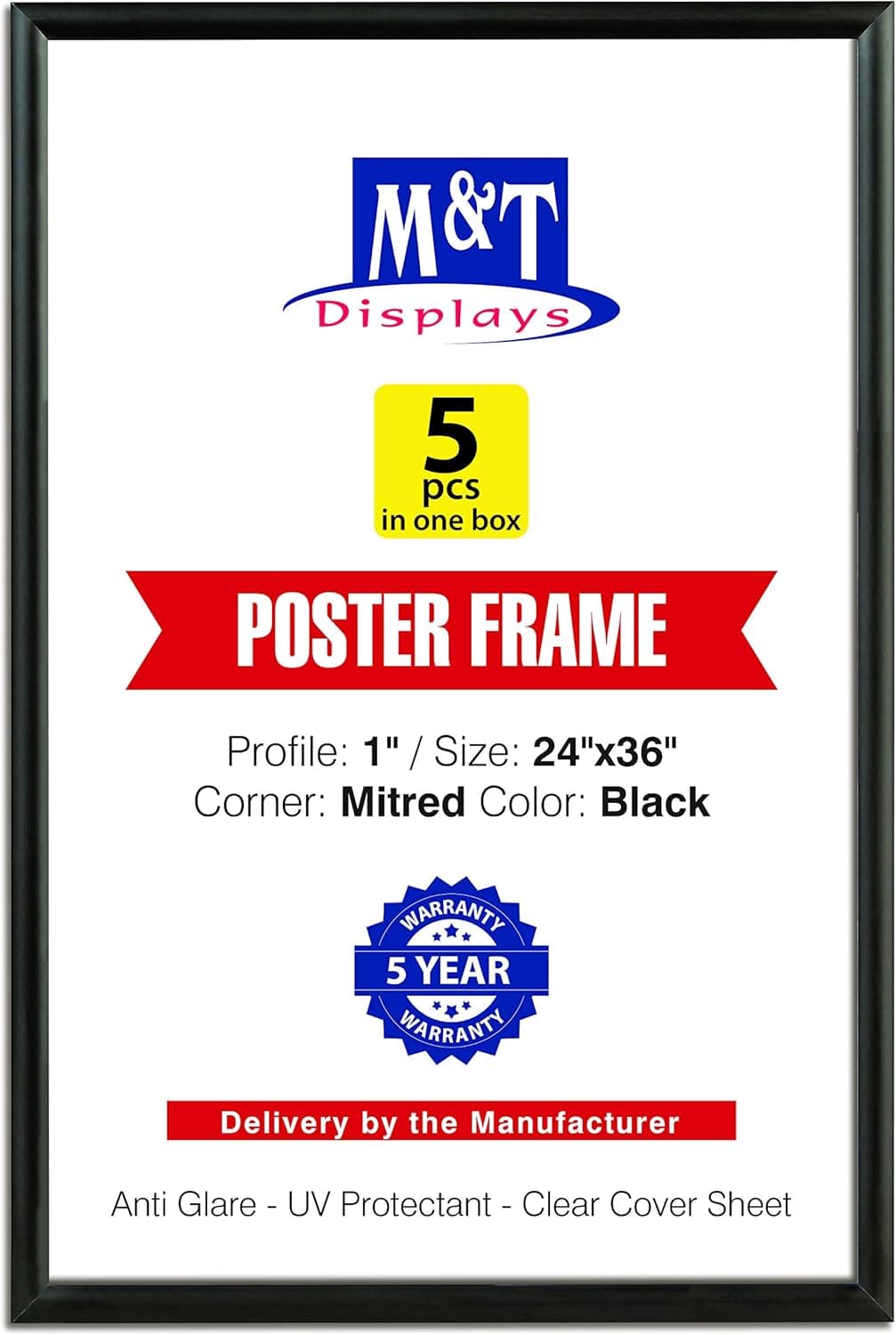 M&T Displays Snap Poster Frame 24x36 Inch Black 1" Aluminum Profile Front Loading Wall Mounting Photo Picture Document Certificate Sign Holder Mitered Corner Anti Glare Cover (5 pack)