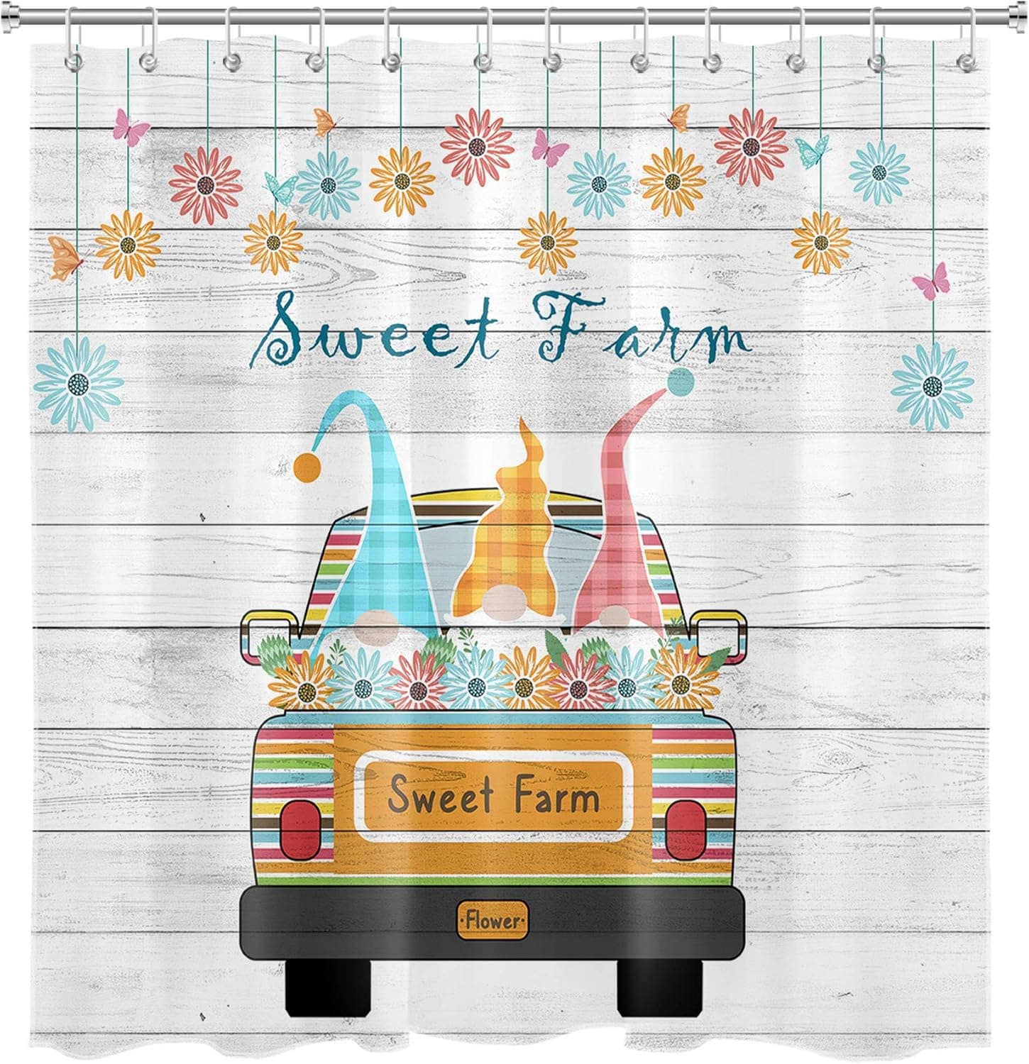 HVEST Spring Gnome Shower Curtain Colorful Farm Truck Pull Gomes Vintage Daisy Teal Yellow Pink Flowers Butterfly on Country Wooden Board Bathroom Curtain with 12 Hooks 69X70 Inches Waterproof Fabric
