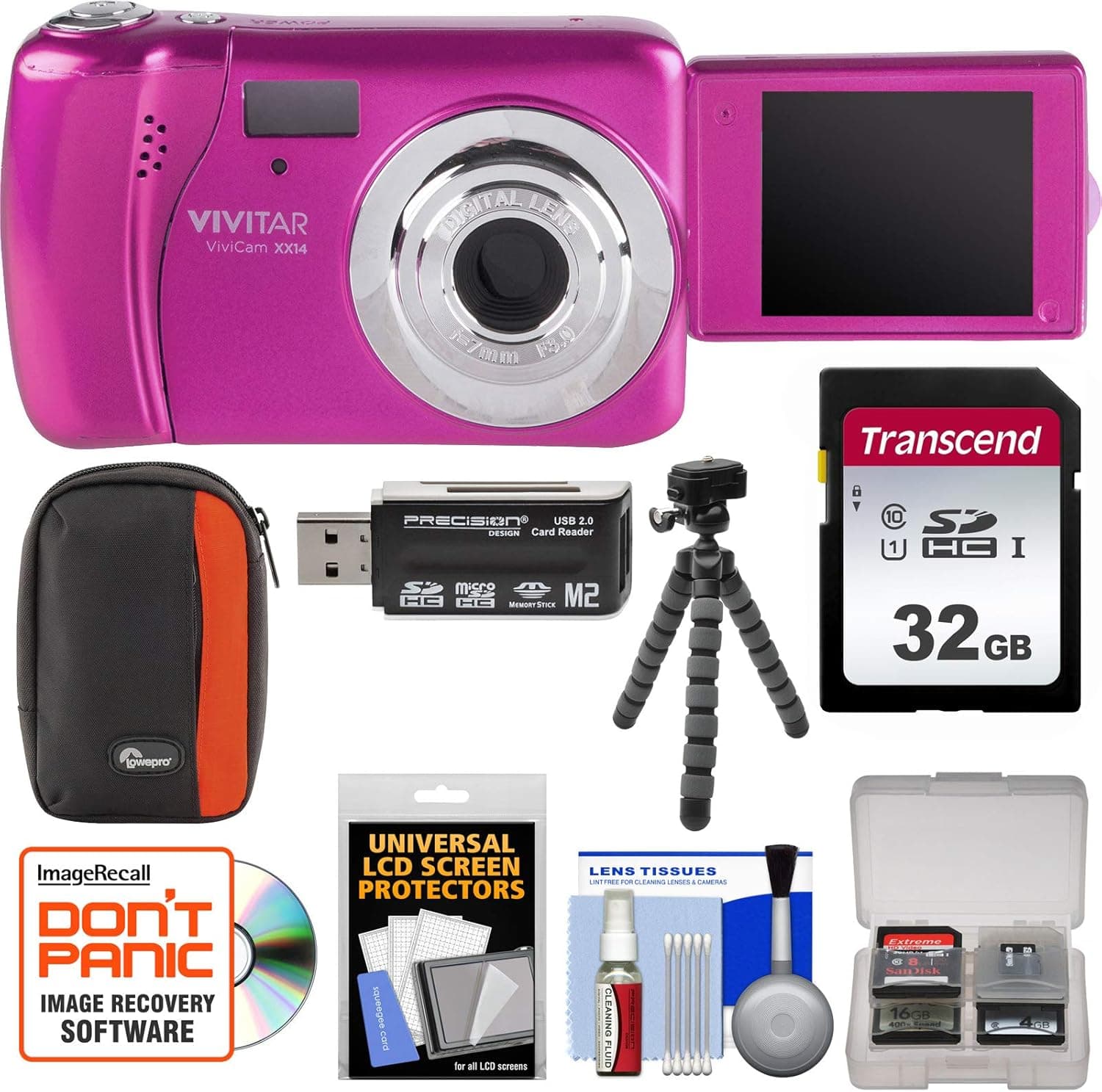 Vivitar ViviCam VXX14 Selfie Digital Camera (Pink) with 32GB Card + Case + Flex Tripod + Reader + Kit