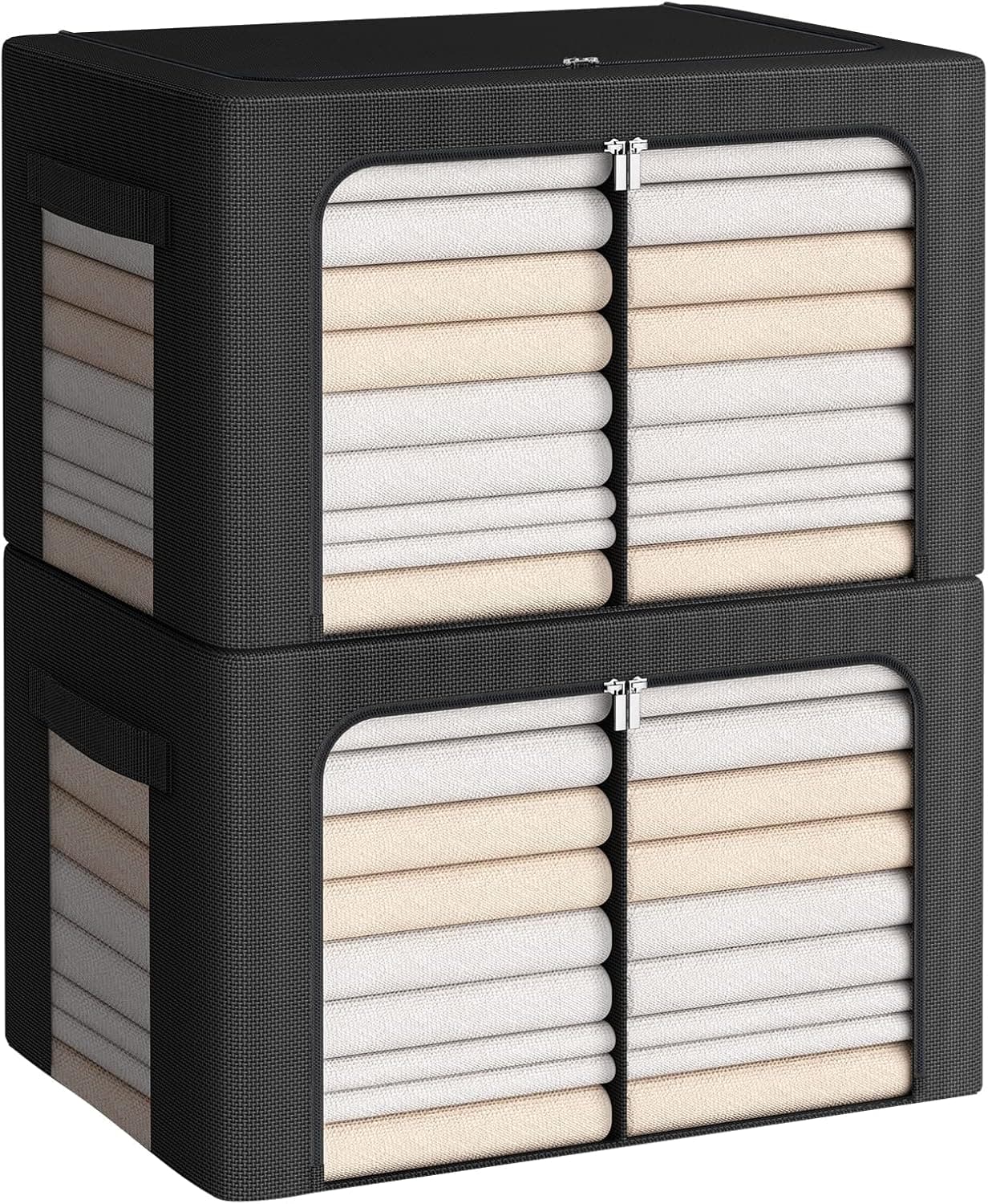 2Pack Storage Bins with Divided Interior - Frame Storage Box Oxford Fabric Clothes Storage Bags Large Capacity Stackable Foldable Container Organizer Set with Clear Window (X-Large-100L, Black)