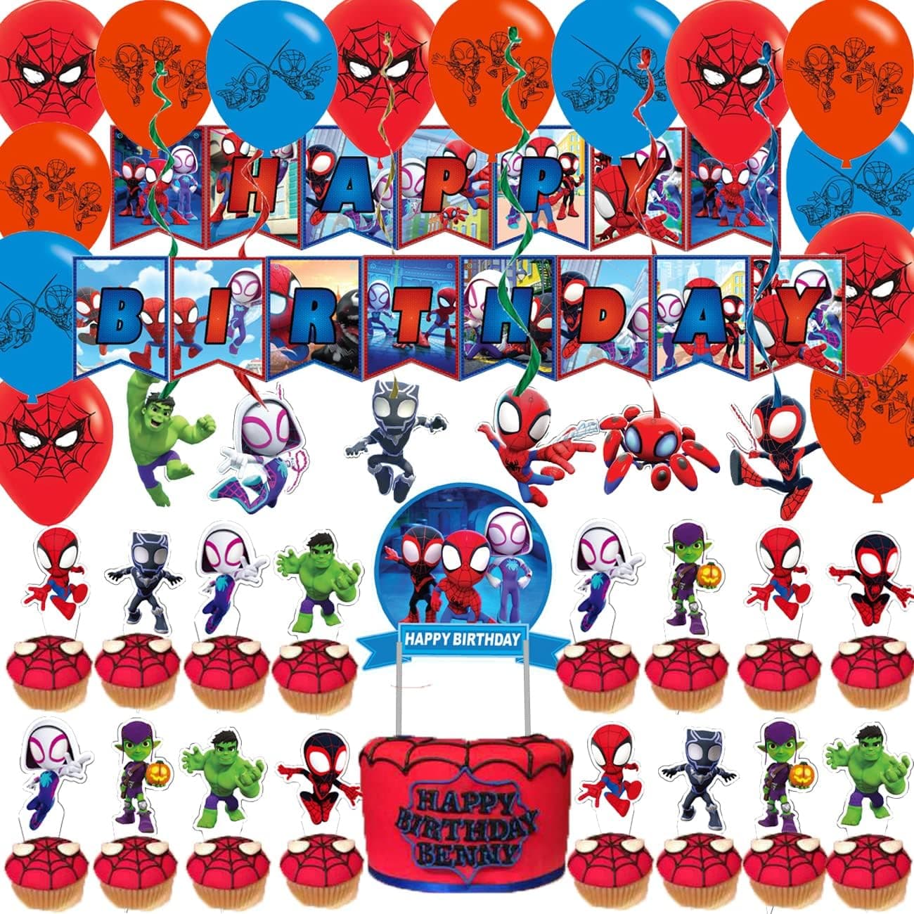 70PC Spider.man And His Amazing Friends Birthday Party Supplies Decorations Cartoon Theme Banner Balloons Hanging Swirl Cake Topper Cupcake Toppers Set for Kids Birthday Party Supplies Party Favor