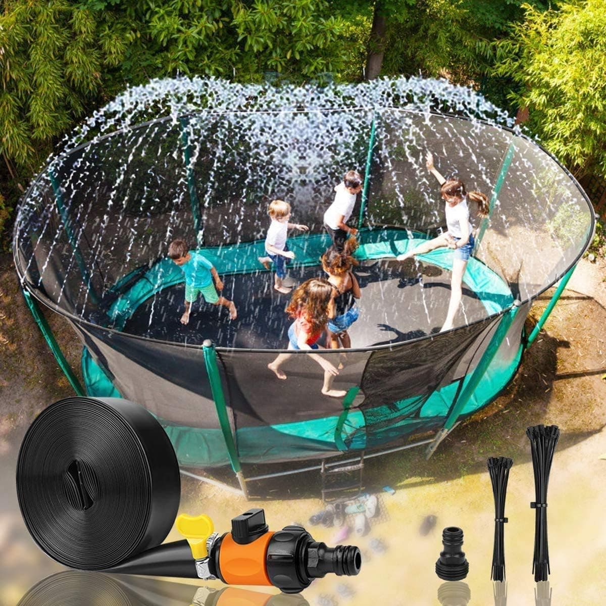 Trampoline Sprinkler, Outdoor Trampoline Water Sprinkler, Trampoline Spray Waterpark for Kids, Trampoline Sprinkler Waterpark Summer Toys, Backyard Water Park Fun Games for Boys and Girls (39.3FT)