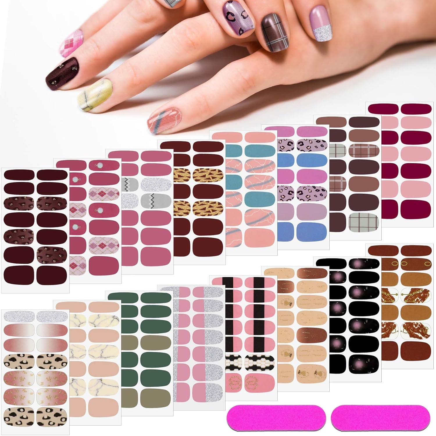 16 Sheets Full Wrap Nail Polish Stickers Self-Adhesive Nail Design Decals Strips Manicure Kits Nail Design Designs with Nail Files for Women Girls DIY Nail Design Decoration (Classic Style)