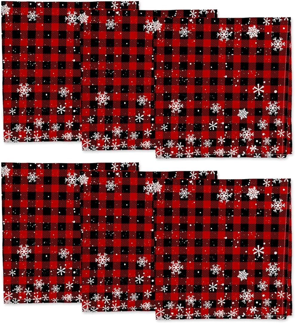 Artoid Mode Red and Black Buffalo Plaid Snowflakes Christmas Cloth Napkins, 20 x 20 Inch Oversized Seasonal Winter Festival Holiday Restaurant Party Dinner Decoration Washable Napkins Set of 6