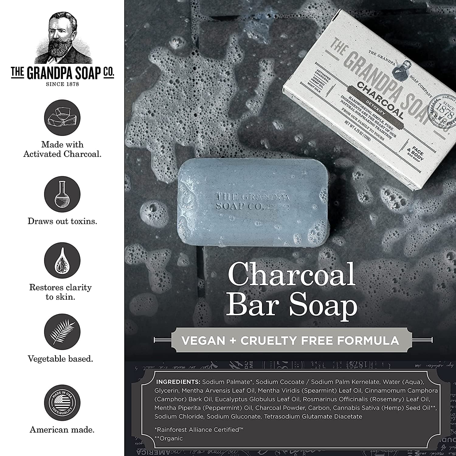 Charcoal Bar Soap by The Grandpa Soap Company | Vegan, Clean Face & Body Soap | Organic Hemp Oil + Mint Oils| Paraben Free Bar Soap for Men & Women | 4.25 Oz.