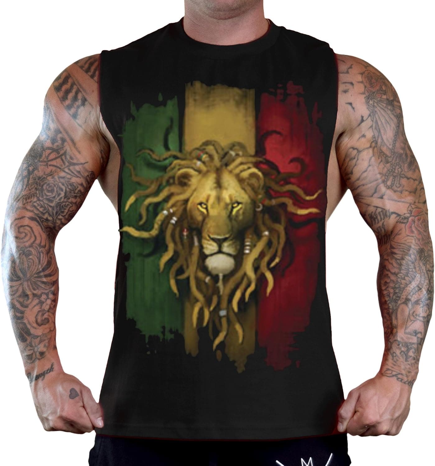 Interstate Apparel Inc Men's Reggae Rasta Flag Lion Sleeveless Black T-Shirt Gym Tank Top