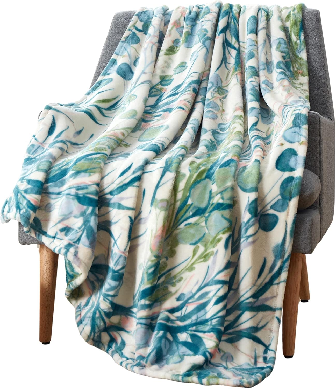 Watercolor Botanical Mother's Day Green Throw Blankets: Soft Plush Floral Leaf Accent for Sofa Couch Chair Bed or Dorm, Color: Green Teal Blue Pink White (Serenity)